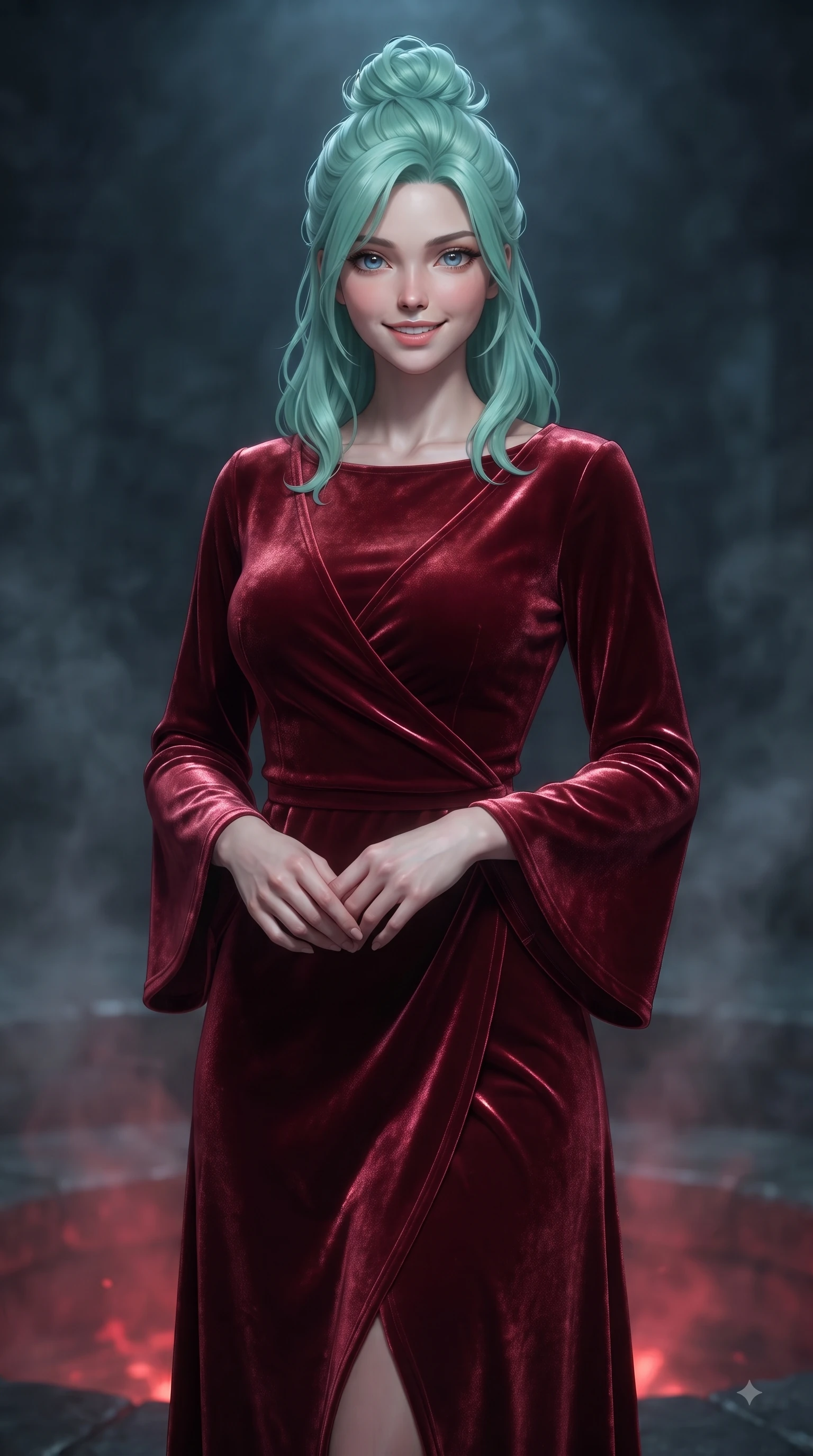 score_9, masterpiece, best quality, ultra-detailed, high-budget anime keyframe, editorial fashion photography, tasteful artistic composition, Japanese woman woman. close-up cowboy shot from the waist and thighs up, the character dominates the composition, filling the frame with her large presence, background elements kept in soft focus. She has an exceptionally elegant, slender, and willowy female figure with an ultra-slim waist, a gracefully sculpted slender torso, and a refined silhouette. smiling with quiet, magnetic self-assurance directly into the camera lens, flawlessly proportioned anatomical accuracy, natural body alignment, perfectly sculpted elegant limbs, clean dynamic posture without body distortion. set against a soft-focus background of a dark basalt thermal bath chamber with rising mineral steam. wearing a luxurious velvet wrap gown with long bell sleeves and a modest boat neckline. bathed in warm crimson furnace glow from below contrasting with cool top ambient light. ultra-reflective glossy finish, specular highlights, metallic sheen, high-contrast stereoscopic depth, volumetric dynamic lighting, 2k, ultra detail, master piece, 9:16 ratio