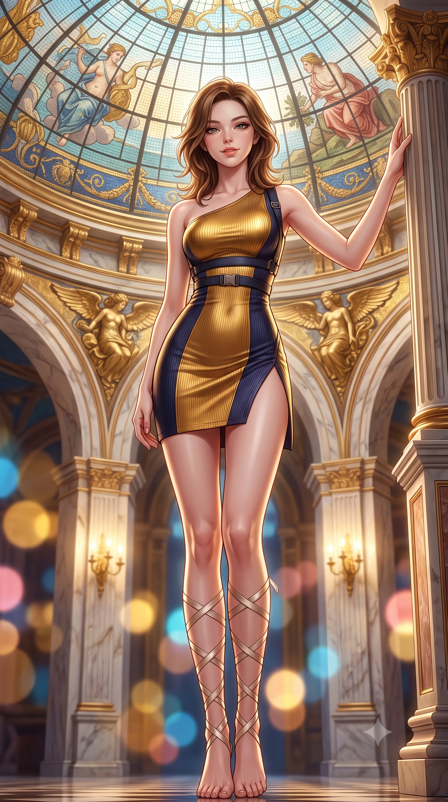 score_9, masterpiece, best quality, ultra-detailed, high-budget anime keyframe, semi-realistic 3D game render, editorial fashion photography, tasteful artistic composition, Korean woman. low angle full-body shot from head to toe showing her feet, filling the entire 9:16 vertical frame with her statuesque presence, stretching her vertical silhouette. standing tall beside the architectural column, one hand resting high while arching her lower back to emphasize her sculpted feminine hips and slender waist while standing centered in the circular salon under the mosaic dome, arching her spine with breathtaking classical sculpture grace. The background shows a soft-focus circular glass mosaic ceiling dome, gilded sculptured figures, and marble arches blurred into gold, azure, and rose-quartz bokeh. She has an absolutely perfect, statuesque 8.5-heads proportion, an exceptionally tall and slender model-like female figure with impossibly long slender legs, an ultra-slim waist, a flat toned midriff, narrow delicate ribcage, and beautifully sculpted feminine hips creating a graceful, slim hourglass silhouette without any bulky heaviness. sharp v-shaped jawline, high-bridge nose, sparkling eyes with hypnotic seductive depth, thick curled eyelashes, glossy parted lips with a natural dewy peach sheen, alluring bedroom-eyes with an enchanting coquettish smile, exuding magnetic siren charisma and sophisticated glamour, flawlessly proportioned anatomical accuracy, strict slender model proportions, natural body alignment, perfectly sculpted long slender limbs, ultra-slim waistline, clean dynamic posture without body distortion. wearing an asymmetric one-shoulder tactical compression mini dress with a dramatic hip-high slit and utility harness belt in molten liquid gold and midnight indigo, tailored from fine ribbed modal knit with gentle elastic contouring and soft hand-feel, finished with delicate satin ballet ribbon ties criss-crossing up her slender calves to the knee, the form-contouring silhouette accentuating her sculpted flat midriff, narrow delicate ribcage, and gracefully curvy hips with intoxicating allure. bathed in warm 2800K gilded sconce radiance reflecting off gold leaf and mosaic glass. highly saturated vibrant anime colors, detailed shading with soft gradients, rich glossy textures, high-contrast stereoscopic depth, volumetric dynamic lighting, master piece, 9:16 ratio
