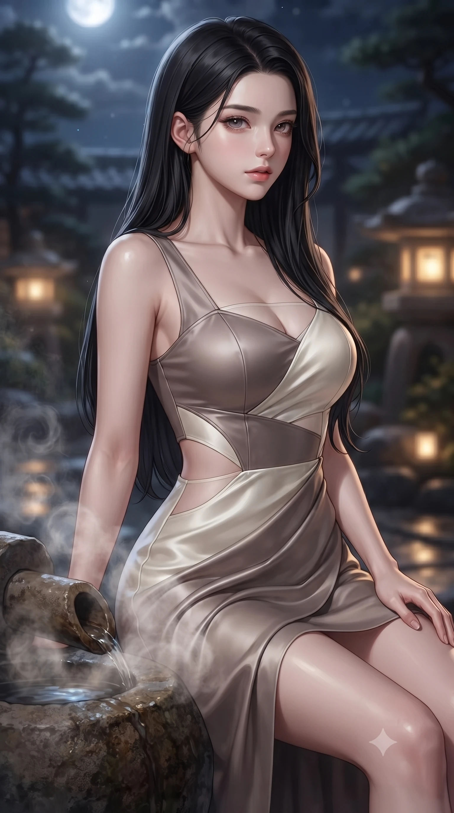 score_9, masterpiece, best quality, ultra-detailed, high-budget anime keyframe, editorial fashion photography, tasteful artistic composition, Korean woman. close-up cowboy shot from the waist and thighs up, the character dominates the composition, filling the frame with her large presence, background elements kept in soft focus. Gazing past the camera with an air of effortless elegance and mysterious confidence standing near a stone water spout with gentle steam rising in a moonlit Japanese garden, swirling thermal steam clouds scattering soft golden lantern light. She has an exceptionally elegant, slender, and willowy female figure with an ultra-slim waist, a gracefully sculpted slender torso, and a refined silhouette. sharp v-shaped jawline, high-bridge nose, intricate jewel-like eyes with depth, thick eyelashes, glossy lips with a natural sheen. wearing a modern fusion silk hanbok dress with a structured bodice in muted taupe and soft ivory, crafted from lustrous satin jersey with fluid draping, featuring subtle geometric cutouts that highlight her ultra-slim midriff, the form-contouring material highlighting her ultra-slim waist and long lines. illuminated by serene silver moonlight and warm amber hearth reflections. highly saturated vibrant anime colors, detailed shading with soft gradients, rich glossy textures, high-contrast stereoscopic depth, volumetric dynamic lighting, master piece, 9:16 ratio