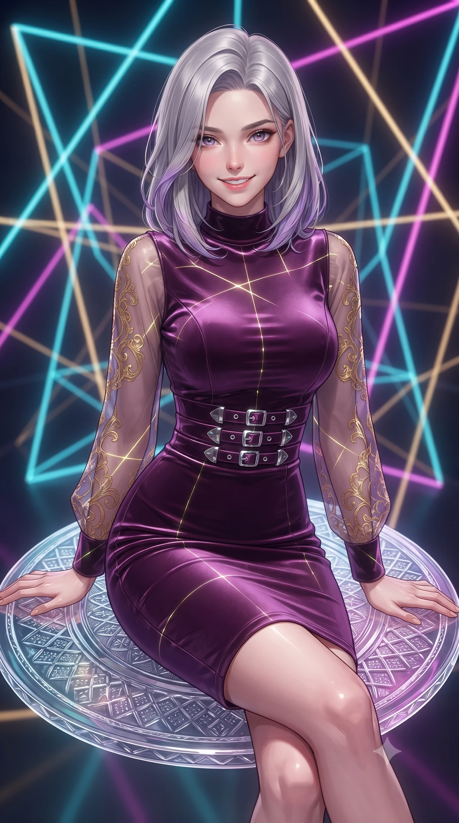 score_9, masterpiece, best quality, ultra-detailed, high-budget anime keyframe, editorial fashion photography, tasteful artistic composition, Caucasian woman. close-up cowboy shot from the waist and thighs up, the character dominates the composition, filling the frame with her large presence, background elements kept in soft focus. Smiling with quiet, magnetic self-assurance directly into the lens poised on a floating glass disk suspended inside a geometric light matrix, fluorescent cyan, magenta, and gold light threads crossing in 3D space. She has an exceptionally elegant, slender, and willowy female figure with an ultra-slim waist, a gracefully sculpted slender torso, and a refined silhouette. sharp v-shaped jawline, high-bridge nose, intricate jewel-like eyes with depth, thick eyelashes, glossy lips with a natural sheen. wearing a sleek bodycon knit dress with sheer organza sleeve panels in plum purple and gold filigree, made of premium stretch velvet with a rich sheen, detailed with polished silver buckles along the waistline, the form-contouring material highlighting her ultra-slim waist and long lines. bathed in sharp geometric laser grid highlights and soft ambient fill. highly saturated vibrant anime colors, detailed shading with soft gradients, rich glossy textures, high-contrast stereoscopic depth, volumetric dynamic lighting, master piece, 9:16 ratio