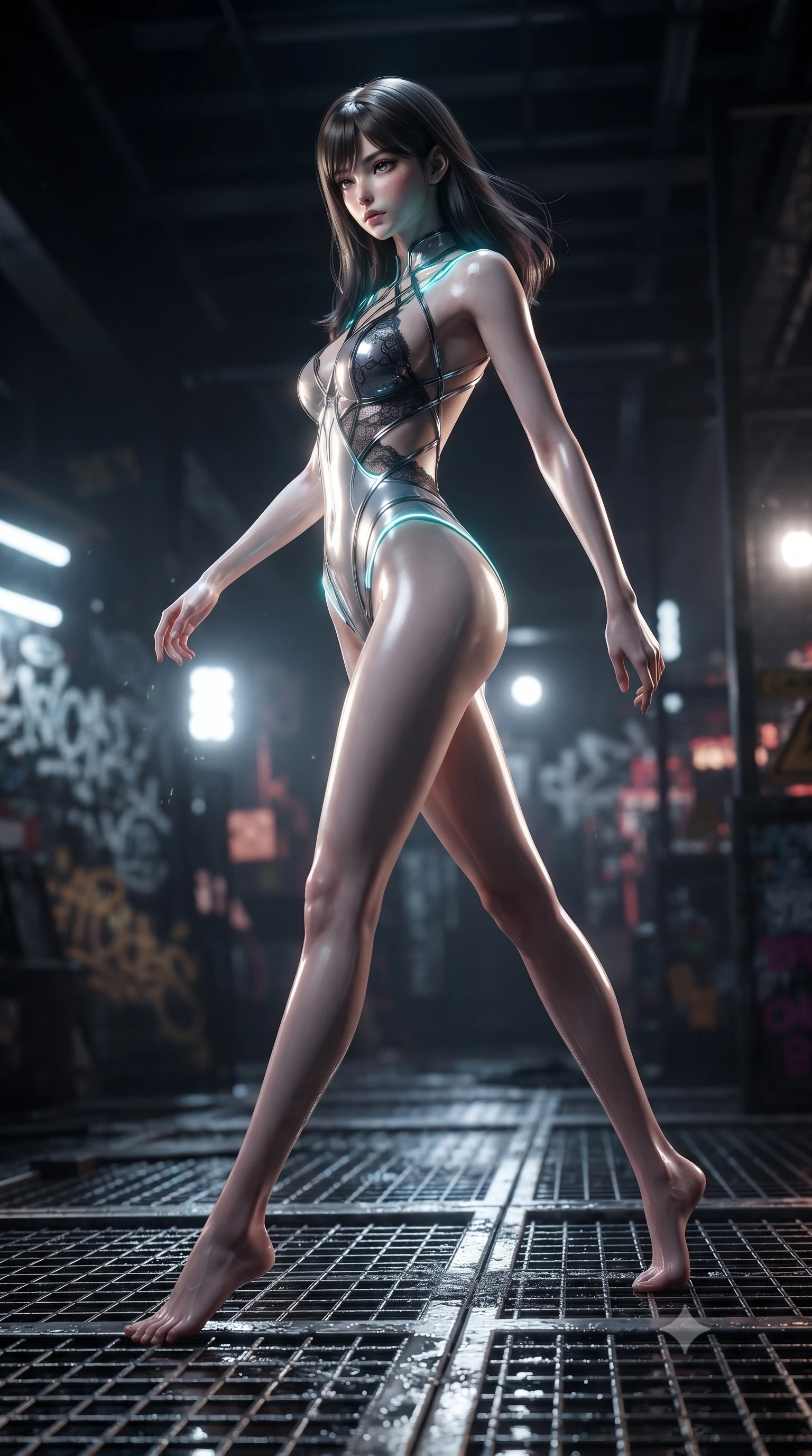 score_9, masterpiece, best quality, ultra-detailed, high-budget anime keyframe, editorial fashion photography, tasteful artistic composition, Korean woman. low angle full-body shot from head to toe showing her feet, filling the entire 9:16 vertical frame with her statuesque presence, stretching her vertical silhouette. pivoting dynamically in mid-motion with a breathtakingly alluring posture, displaying her flawless model proportions and ultra-slim waist while pivoting dynamically on wet metal grating as pulsating neon arena floodlights trace her sculpted waist. The composition keeps background elements in soft focus with creamy bokeh. glowing graffiti tags and warning strobes scattering high-contrast light across a dark industrial backdrop. She has an absolutely perfect, statuesque 8.5-heads proportion, an exceptionally tall and slender model-like female figure with impossibly long slender legs and an ultra-slim waist. sharp v-shaped jawline, high-bridge nose, intricate jewel-like eyes with depth, thick eyelashes, glossy lips with a natural sheen, flawlessly proportioned anatomical accuracy, natural body alignment, perfectly sculpted elegant limbs, clean dynamic posture without body distortion. wearing a liquid chrome micro-bodysuit sculpted tightly to her figure, featuring razor-thin metallic straps and an open back in pure snow white latex and glowing cyan circuit seams, crafted from delicate dark lace interwoven with luminescent micro-fibers, accented with glowing fiber-optic seams tracing her collarbones and hip curves, the form-contouring second-skin material highlighting her ultra-slim waist and long lines. surrounded by a fierce, electrifying, and dangerously provocative sensual combat aura. ultra-reflective glossy finish, specular highlights, metallic sheen, high-contrast stereoscopic depth, volumetric dynamic lighting, 2k, ultra detail, master piece, 9:16 ratio