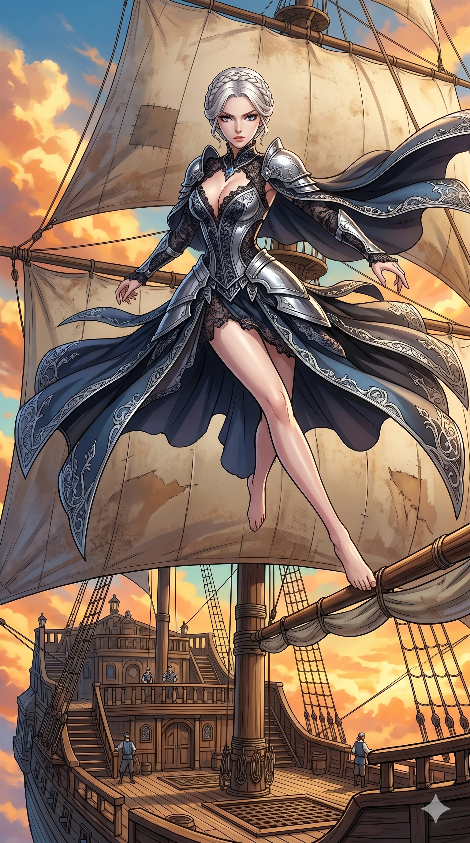 score_9, masterpiece, best quality, ultra-detailed, Set C: High-budget Anime Keyframe, Korean woman. Low angle cowboy shot filling the entire 9:16 frame with her statuesque presence. Leaping across the sails of a giant airship in the clouds. She has an absolutely perfect 8-heads proportion, an exceptionally tall and slender female figure with elegant long slender legs and an slender waist. Sharp v-shaped jawline, high-bridge nose, intricate jewel-like eyes with depth, thick eyelashes, glossy lips. Wearing a Dark Fantasy outfit: gothic lace corset gown with silver armor and a v-neckline. Background is a bright and colorful sky with vibrant orange clouds and a wooden airship deck. 2k, ultra detail, master piece, 9:16 ratio