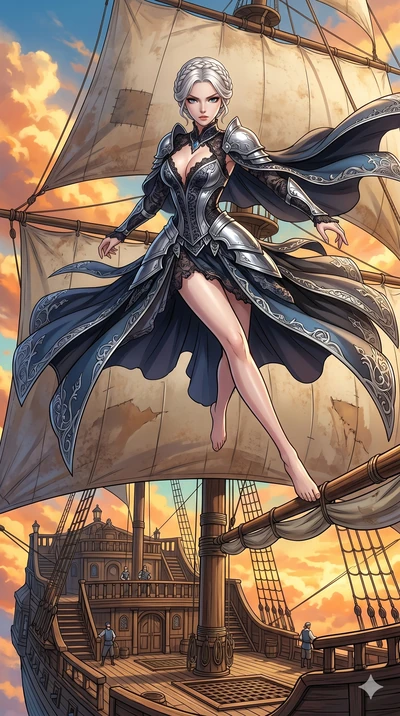 score_9, masterpiece, best quality, ultra-detailed, Set C: High-budget Anime Keyframe, Korean woman. Low angle cowboy shot filling the entire 9:16 frame with her statuesque presence. Leaping across the sails of a giant airship in the clouds. She has 