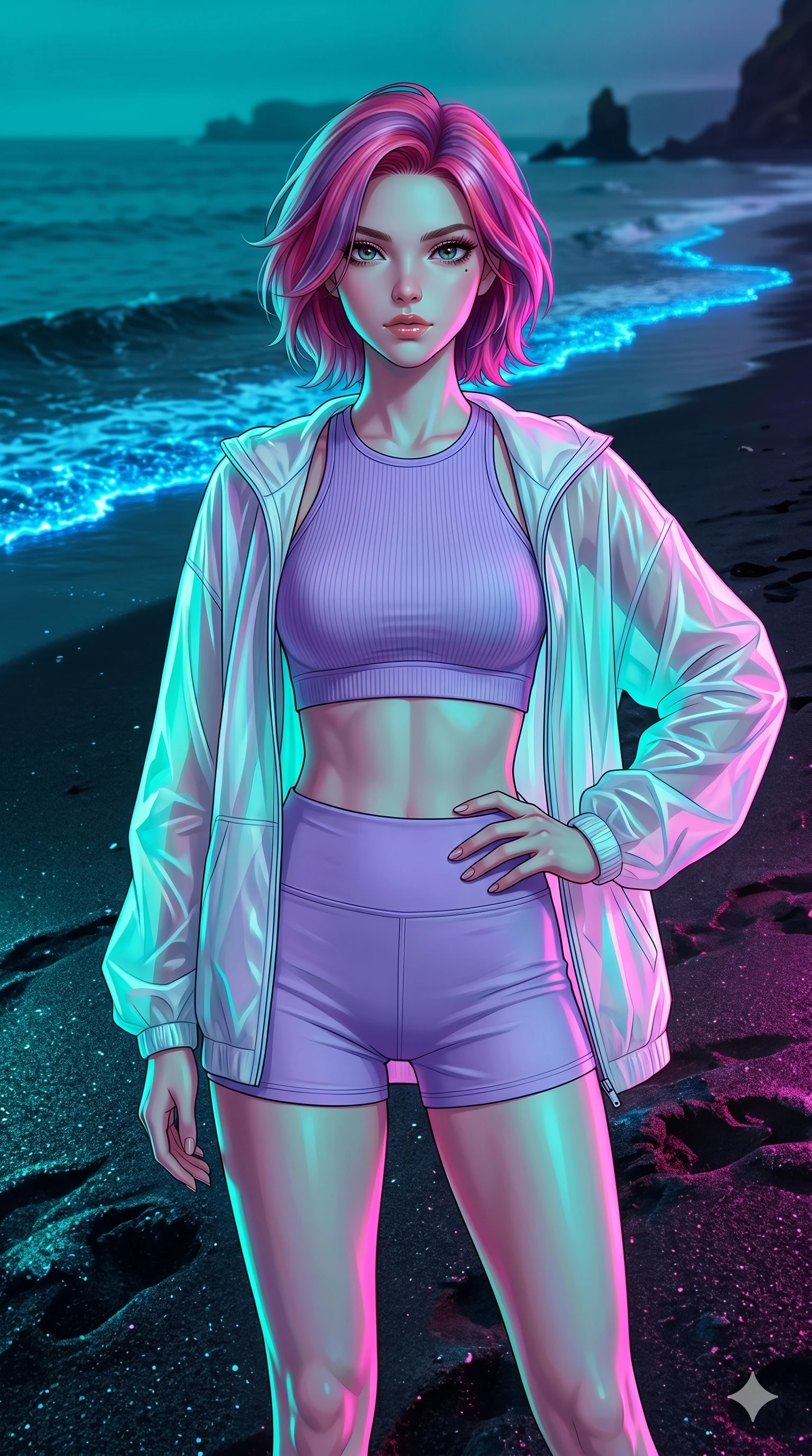 score_9, masterpiece, best quality, ultra-detailed, high-budget anime keyframe, editorial fashion photography, tasteful artistic composition, Caucasian woman, strictly human ears. cowboy shot from the thighs up, character and outfit filling the frame for maximum editorial presence. Holding a confident power pose with one hand on her hip on a beach of black volcanic sand with glowing blue algae lining the shoreline. She has an absolutely perfect 8-heads proportion, an exceptionally tall and slender female figure with impossibly long slender legs and an ultra-slim waist. V-shaped jawline, high-bridge nose, intricate jewel-like eyes with depth, thick eyelashes, glossy lips with a natural sheen. wearing a high-neck ribbed sports bra in lavender, paired with matching high-waist shorts under an oversized translucent white windbreaker jacket. under intense neon teal and magenta split-lighting creating vivid chromatic contrast on her figure. 2k, ultra detail, master piece, 9:16 ratio