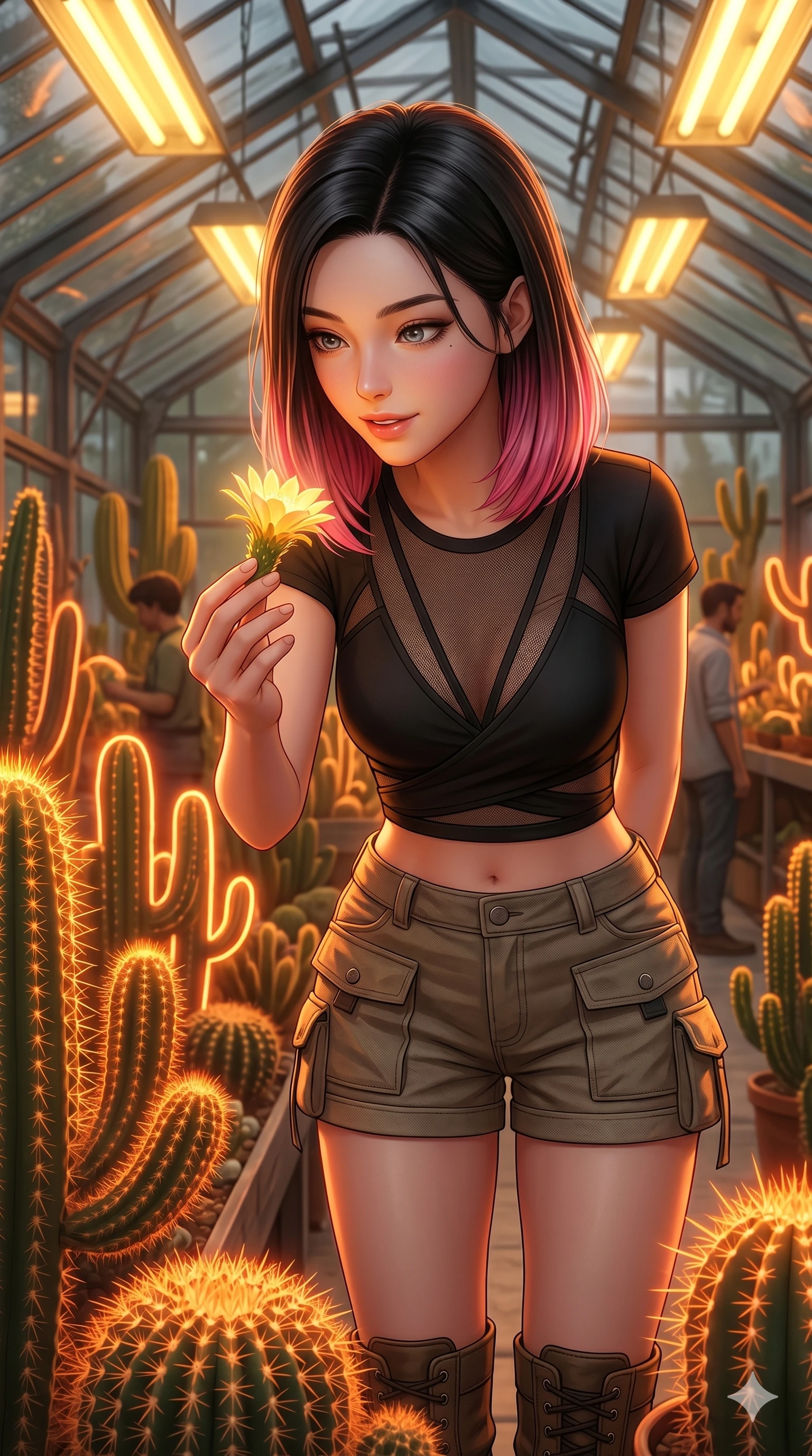 score_9, masterpiece, best quality, ultra-detailed, high-budget anime keyframe, semi-realistic 3D game render, Korean woman. Upper body close-up from the thighs up, character filling the screen for maximum presence. Inside a greenhouse filled with glowing neon cacti, examining a cactus flower with a fascinated, gentle expression. She is wearing a cropped wrap top with sheer panels, utility shorts, and boots. The scene is bathed in the warm yellow light of the greenhouse and orange cacti glow. 2k, ultra detail, master piece, 9:16 ratio