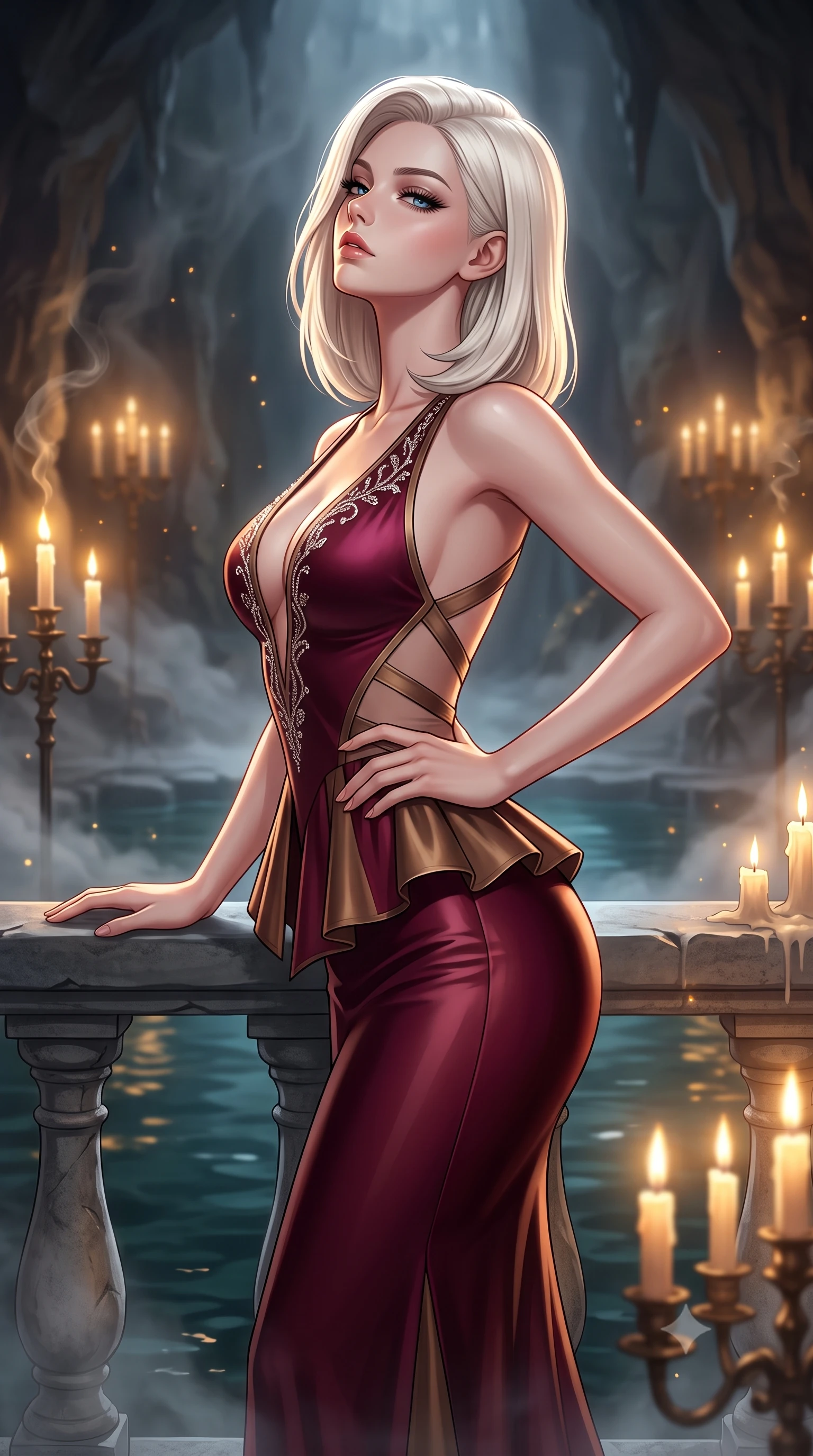 score_9, masterpiece, best quality, ultra-detailed, high-budget anime keyframe, semi-realistic 3D game render, editorial fashion photography, tasteful artistic composition, Caucasian woman. close-up cowboy shot from the waist and thighs up, the character dominates the composition, filling the frame with her large presence. tilting her chin up with proud, sovereign allure while gazing through thick eyelashes, one hand resting on her waist in pure supermodel charisma while resting one hand on the cold stone balustrade above the mist-veiled subterranean pool, lower back arched to emphasize her sculpted feminine hips. The composition keeps background elements in soft focus with creamy bokeh. drifting cavern mist and candelabra wax smoke catching glowing amber light motes. She has an exceptionally elegant, slender, and willowy female figure with an ultra-slim waist, flat toned midriff, narrow ribcage, and sculpted feminine hips creating an alluring, slim hourglass silhouette without bulk. sharp v-shaped jawline, high-bridge nose, intricate jewel-like eyes with depth, thick eyelashes, glossy parted lips with a natural sheen, intensely captivating and seductive bedroom-eyes expression, flawlessly proportioned anatomical accuracy, strict slender model proportions, natural body alignment, perfectly sculpted long slender limbs, ultra-slim waistline, clean dynamic posture without body distortion. wearing a structural geometric peplum gown with sheer side-ribbon cutouts and form-fitting skirt in deep wine burgundy and antique bronze, tailored from liquid silk jersey adhering flawlessly to her slender build, finished with delicate crystal frost embroidery tracing the plunging neckline, the precision-cut side openings and low-back scoop framing her graceful spine and the sensual sweep of her slim, toned hips. bathed in warm golden candelabra flicker from all sides and soft subterranean lake water reflections. highly saturated vibrant anime colors, detailed shading with soft gradients, rich glossy textures, high-contrast stereoscopic depth, volumetric dynamic lighting, master piece, 9:16 ratio