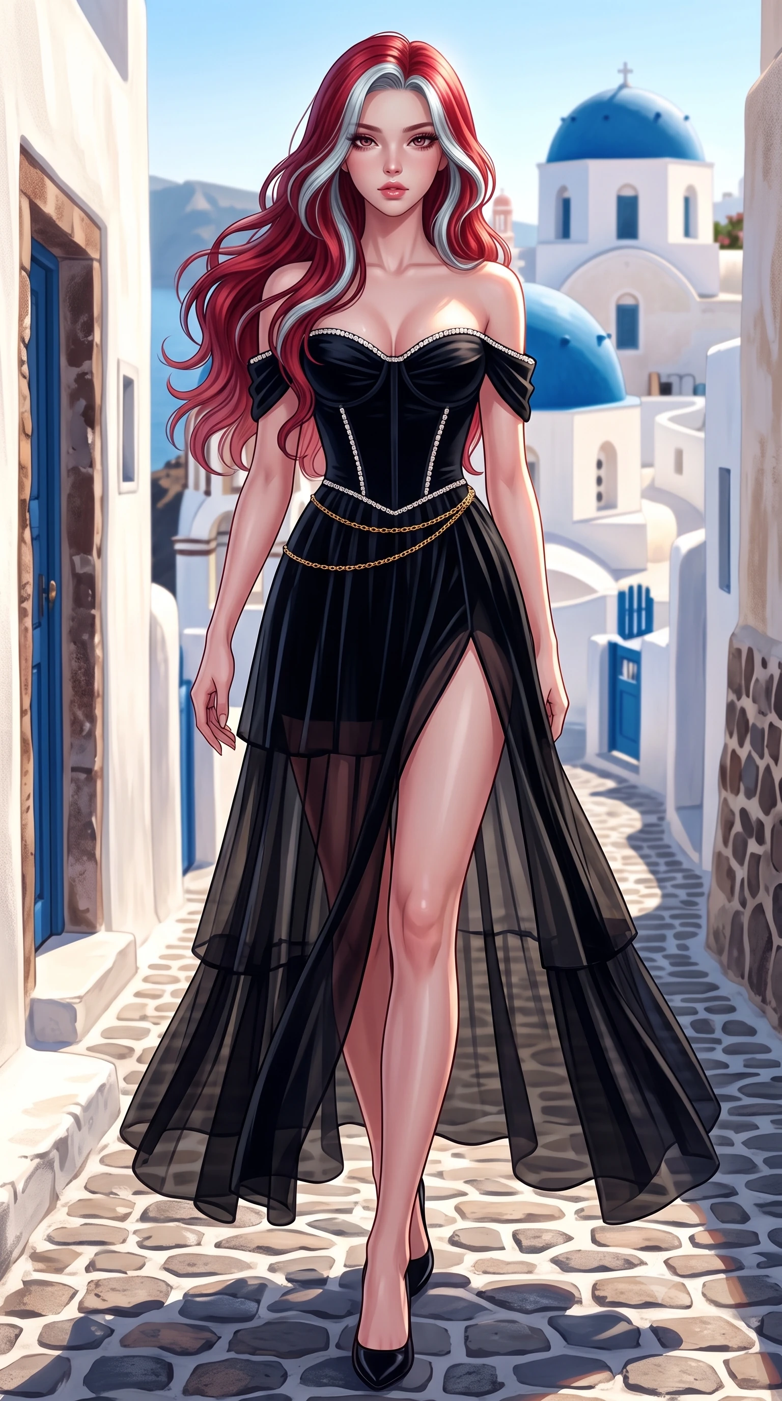 score_9, masterpiece, best quality, ultra-detailed, high-budget anime keyframe, semi-realistic 3D game render, editorial fashion photography, tasteful artistic composition, Caucasian woman. low angle full-body shot from head to toe showing her feet, filling the entire 9:16 vertical frame with her statuesque presence, stretching her vertical silhouette. striding forward in a proud supermodel runway stride, hips swaying in an alluring kinetic rhythm that accentuates her curvy hourglass silhouette while walking down the narrow cobblestone village steps with supermodel poise, her sheer linen dress fluttering to reveal her long slender legs. The surrounding environment is rendered in vivid detail and crisp panoramic clarity. breathtaking high-key Greek island chiaroscuro and luxurious caldera retreat aesthetics in precision. She has an exceptionally tall and slender model-like 8.5-heads proportion, an ultra-slim waist, a flat toned midriff, narrow delicate ribcage, and beautifully sculpted feminine hips creating a graceful, slim hourglass silhouette without any bulky heaviness, with impossibly long slender legs. sharp v-shaped jawline, high-bridge nose, intricate jewel-like eyes with depth, thick eyelashes, glossy parted lips with a natural sheen, intensely captivating and seductive bedroom-eyes expression, flawlessly proportioned anatomical accuracy, strict slender model proportions, natural body alignment, perfectly sculpted long slender limbs, ultra-slim waistline, clean dynamic posture without body distortion. wearing an off-shoulder French court corset bodice dress paired with a tiered translucent chiffon slit skirt in pitch-black velvet with diamond crystal trim, tailored from ultra-smooth duchess satin with a pearlescent sheen, accented with a delicate gold chain belt resting loosely on her curvy hips, the form-contouring material adhering flawlessly to her sculpted flat midriff and slender torso, emphasizing her long leg lines and perfectly proportioned willowy build. surrounded by an idyllic, sun-drenched, and breathlessly romantic Aegean goddess aura. highly saturated vibrant anime colors, detailed shading with soft gradients, rich glossy textures, high-contrast stereoscopic depth, volumetric dynamic lighting, master piece, 9:16 ratio
