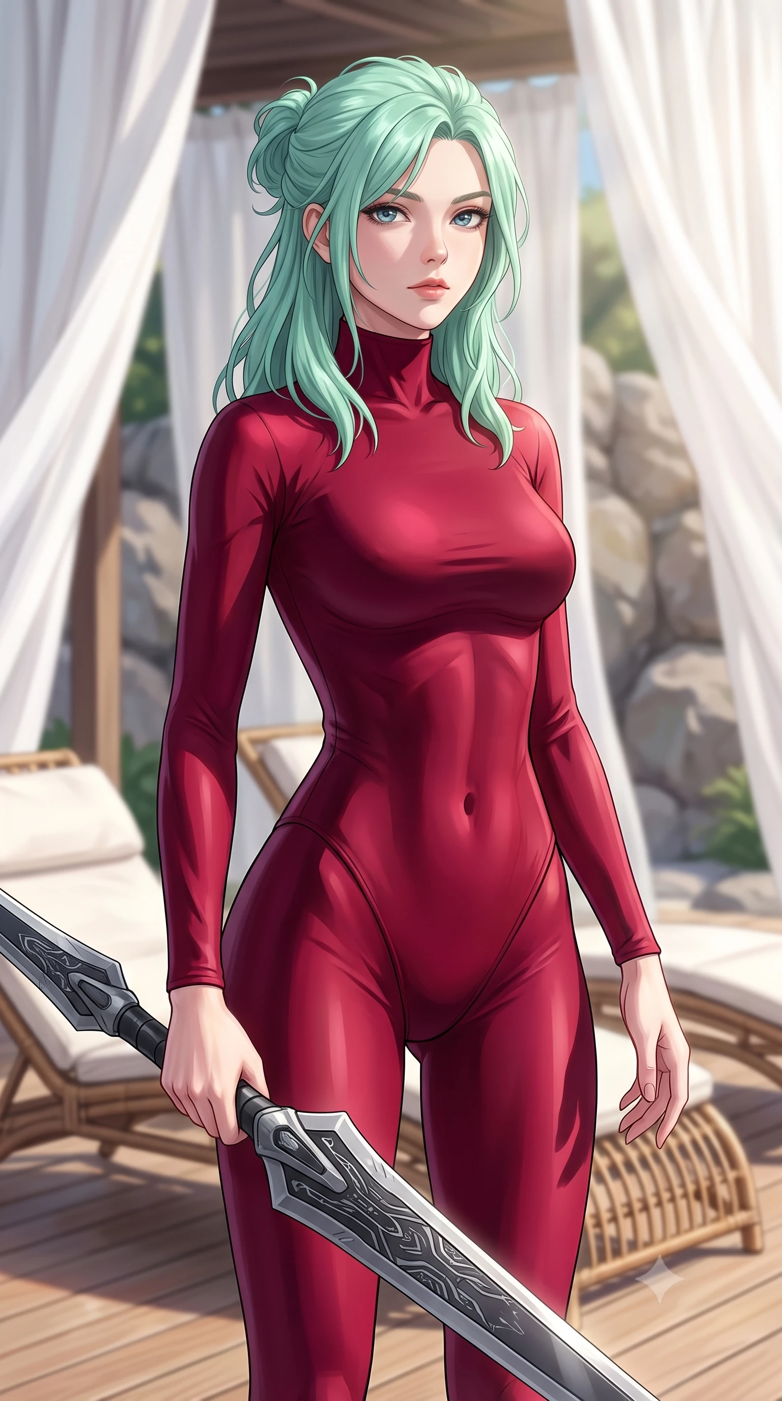 score_9, masterpiece, best quality, ultra-detailed, high-budget anime keyframe, editorial fashion photography, tasteful artistic composition, Japanese woman. close-up cowboy shot from the waist and thighs up, the character dominates the composition, filling the frame with her large presence, background elements kept in soft focus. holding a deactivated nanotech glaive, looking past the camera with quiet, sharp focus and a composed expression, the background shows a soft-focus a rock garden deck with rattan lounge chairs and white cotton drapes. She has an exceptionally elegant, slender, and willowy female figure with an ultra-slim waist, a gracefully sculpted slender torso, and a refined silhouette. sharp v-shaped jawline, high-bridge nose, intricate jewel-like eyes with depth, thick eyelashes, glossy lips with a natural sheen. wearing a form-contouring form-contouring high-neck bodycon suit in deep crimson, contouring her athletic build like a second skin. bright morning sun rays creating fresh and energetic shadows on her gear. highly saturated vibrant anime colors, detailed shading with soft gradients, rich glossy textures, high-contrast stereoscopic depth, volumetric dynamic lighting, master piece, 9:16 ratio