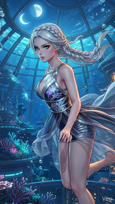 A breathtaking underwater shot inside a giant glass dome. A woman in a flowing, translucent blue dress runs gracefully past colorful coral reefs and glowing jellyfish. Through the glass, a futuristic sunken city and a pale crescent moon are visible i
