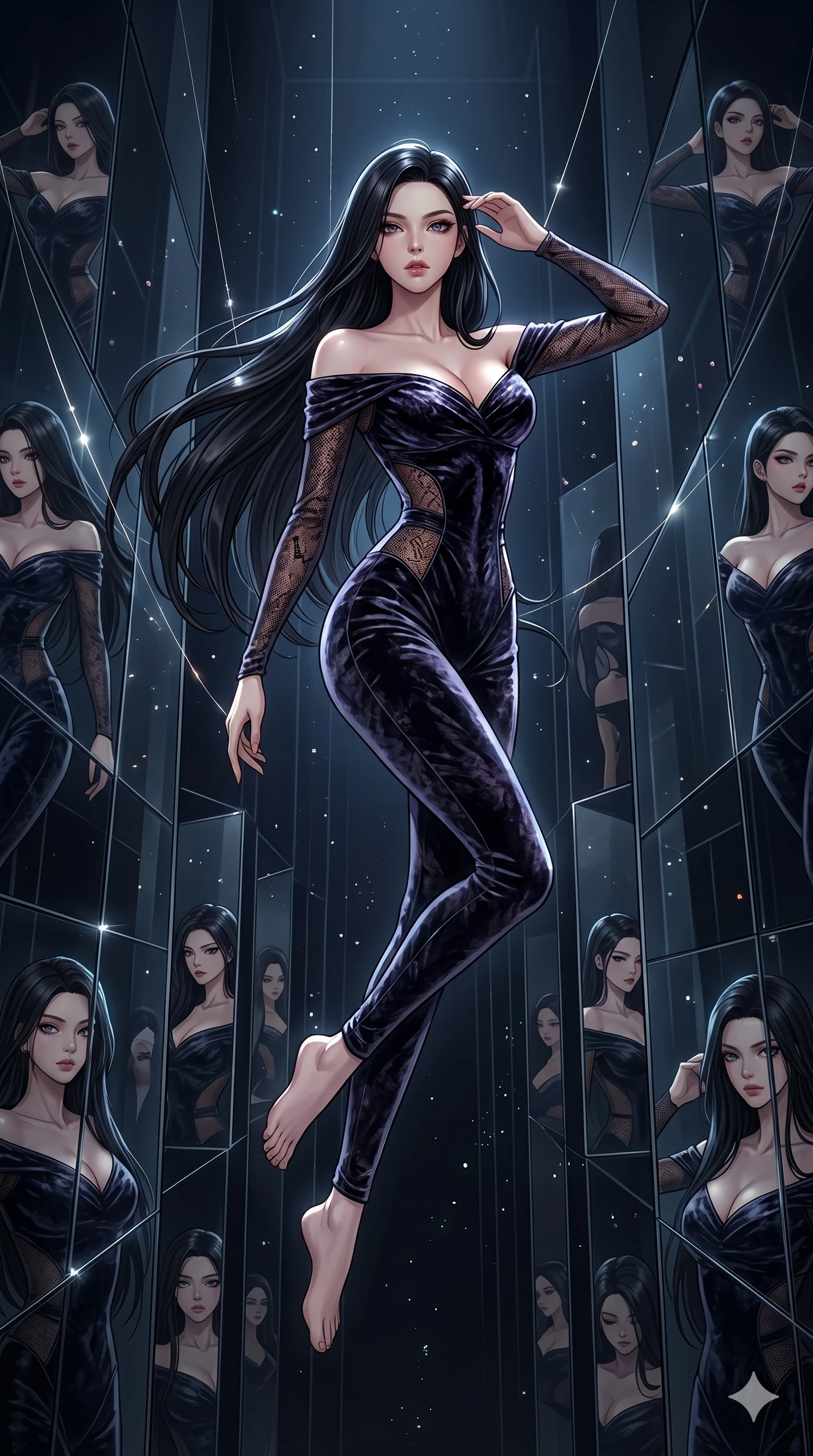 score_9, masterpiece, best quality, ultra-detailed, High-budget Anime Keyframe, East Asian woman. Dynamic full-body shot stretching the vertical silhouette to the limit. Scenario 76: Suspended by invisible silk threads in a hall of mirrors. Her presence is magnetic and overpowering in this high-budget anime scene. Outfit 76: A crushed dark velvet mesh with a low-cut shoulder and tight-fitting silhouette. The clothing is designed to emphasize her exceptionally tall and slender 8-heads proportion. 8-heads proportion, towering silhouette, ultra-slim waist. sharp v-shaped jawline, intricate jewel-like eyes with depth, thick eyelashes, glossy lips. 2k, ultra detail, master piece, 9:16 ratio
