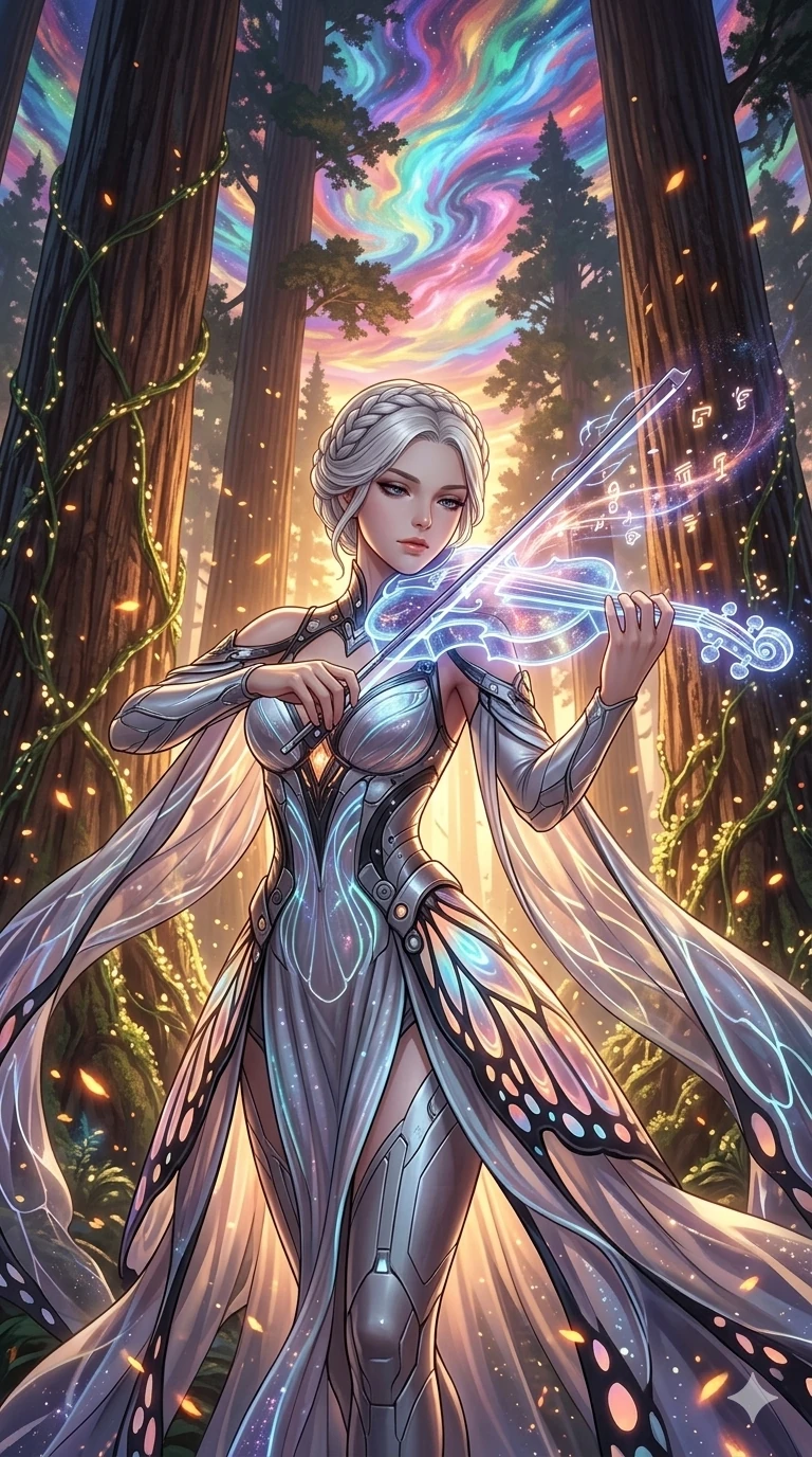 score_9, masterpiece, best quality, ultra-detailed, Set A: High-budget Anime Keyframe, Korean woman. Upper body close-up from the thighs up, character filling the screen for maximum presence. Theme: Abstract Cosmic. playing a holographic violin in a giant redwood forest with glowing vines, with a look of serene power as the sky splits into 158 colors. The atmosphere is filled with golden hour with floating embers. She has an absolutely perfect 8-heads proportion, an exceptionally tall and slender female figure with impossibly long slender legs and an ultra-slim waist. Sharp v-shaped jawline, high-bridge nose, intricate jewel-like eyes with depth, glossy lips. Wearing Cybernetic butterfly-theme dress with glowing wing-patterned silk capes. Cinematic lighting, vivid colors, dramatic shadows, 2k, ultra detail, master piece, 9:16 ratio