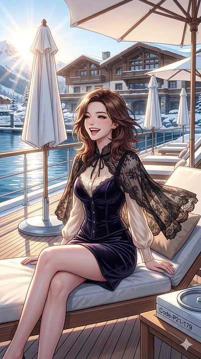 score_9, masterpiece, best quality, ultra-detailed, high-budget anime keyframe, vibrant anime aesthetic, Korean woman. cowboy shot from the thighs up, character and outfit filling the frame for maximum presence. She is sitting by the resort lodge, la