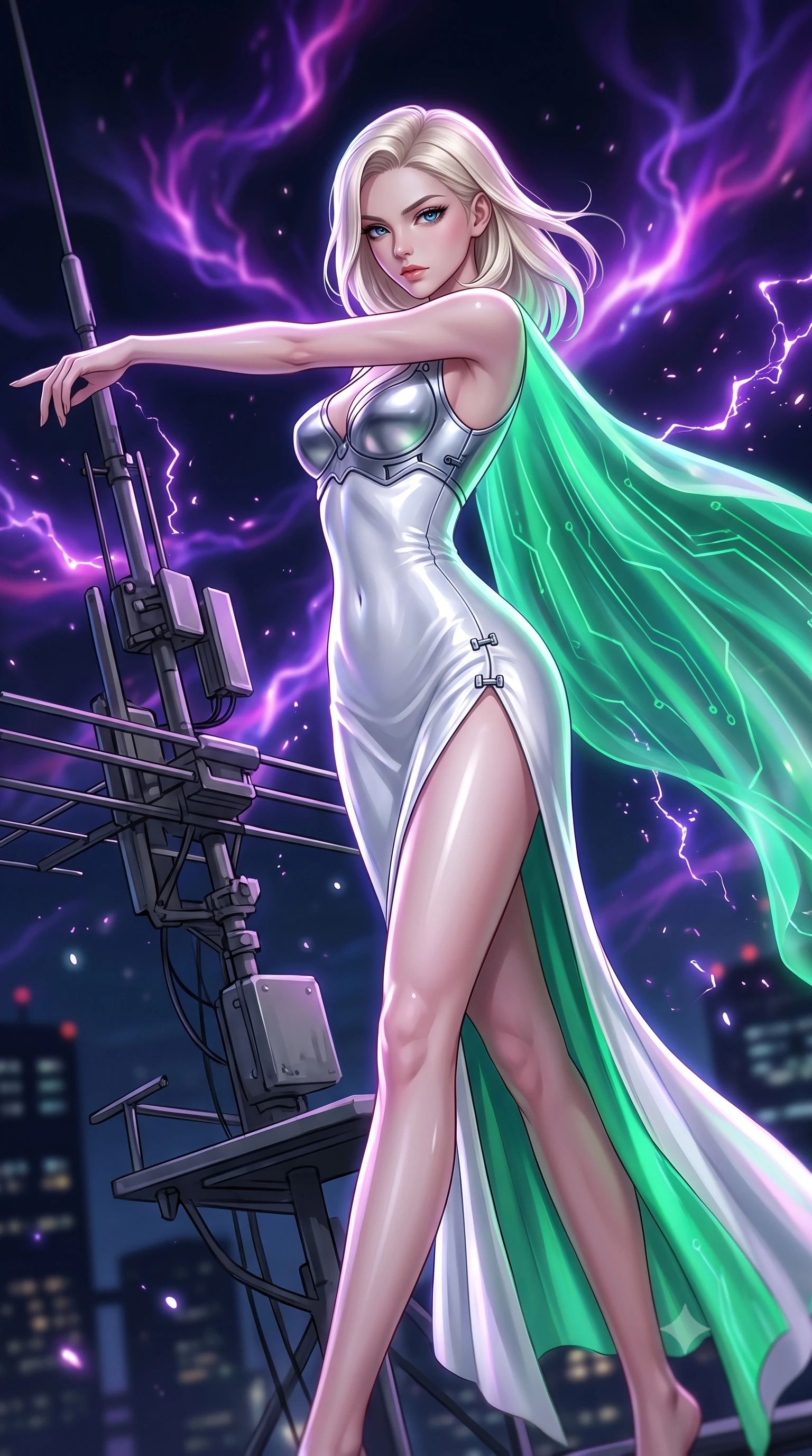 score_9, masterpiece, best quality, ultra-detailed, high-budget anime keyframe, semi-realistic 3D game render, editorial fashion photography, tasteful artistic composition, Caucasian woman. close-up cowboy shot from the waist and thighs up, the character dominates the composition, filling the frame with her large presence. stretching forward with an alluring arch of her spine, glancing over her shoulder with divine self-assurance and magnetic intensity while pivoting dynamically on a cantilevered antenna platform as swirling violet and magenta plasma auroras electrify the night sky. The composition keeps background elements in soft focus with creamy bokeh. crackling plasma sparks scattering subtle glowing light motes across a dark nocturnal backdrop. She has an exceptionally elegant, slender, and willowy female figure with an ultra-slim waist, a gracefully sculpted slender torso, toned flat midriff, and a refined slim silhouette. sharp v-shaped jawline, high-bridge nose, intricate jewel-like eyes with depth, thick eyelashes, glossy lips with a natural sheen, flawlessly proportioned anatomical accuracy, strict slender model proportions, natural body alignment, perfectly sculpted long slender limbs, ultra-slim waistline, clean dynamic posture without body distortion. wearing a form-contouring white liquid-mercury gown with polished silver biomechanical breastplate and flowing luminescent chiffon cape in radiant emerald green circuit lines and polished silver sheen, made of liquid jersey fabric that clings flawlessly to every contour of her build, finished with an ultra-high side slit secured by miniature magnetic clasps, the form-contouring material adhering flawlessly to her sculpted flat midriff and slender torso, emphasizing her long leg lines and perfectly proportioned willowy build. illuminated by crisp white key lighting with sharp specular highlights tracing her ultra-slim waist and long legs. rich saturated anime colors with glowing neon highlights, detailed shading with soft gradients, rich glossy textures, high-contrast stereoscopic depth, volumetric dynamic lighting, master piece, 9:16 ratio
