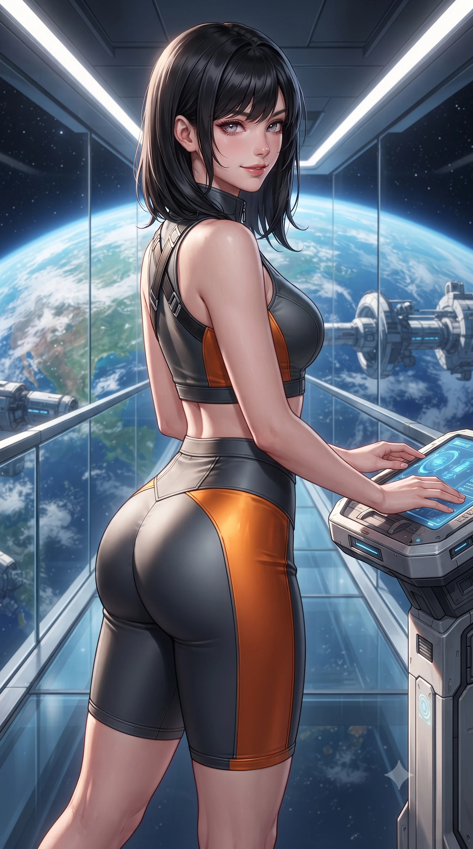 score_9, masterpiece, best quality, ultra-detailed, high-budget anime keyframe, editorial fashion photography, tasteful artistic composition, Caucasian woman. close-up cowboy shot from the waist and thighs up, the character dominates the composition, filling the frame with her large presence. resting both hands lightly on the holoscreen pedestal while leaning toward the lens with a teasing smirk, her tight combat suit hugging her narrow waist and feminine hip curve while walking slowly along the frameless glass skybridge suspended miles above Earth, looking back over her shoulder with an air of effortless grace and a teasing smile. The surrounding environment is rendered in vivid detail and crisp panoramic clarity: detailed mesh fabric weave, starlight specular glints on armor, and orbital station architecture in razor-sharp clarity. She has an exceptionally elegant, slender, and willowy female figure with an ultra-slim waist, flat toned midriff, narrow ribcage, and sculpted feminine hips creating an alluring, slim hourglass silhouette without bulk. sharp v-shaped jawline, high-bridge nose, intricate jewel-like sparkling eyes with depth, thick eyelashes, glossy parted lips with a natural sheen, bright confident smile with an enchanting and coquettish sensual glint, exuding both youthful magnetic charm and sovereign high-tech allure, flawlessly proportioned anatomical accuracy, strict slender model proportions, natural body alignment, perfectly sculpted long slender limbs, ultra-slim waistline, clean dynamic posture without body distortion. wearing a sleek two-piece combat athletic set with a zip-front mock-neck crop top and contouring biker shorts hugging her curvy hips in stealth charcoal slate and molten laser orange, tailored from brushed aeronautical titanium alloy with matte satin sheen, finished with criss-cross Kevlar tactical straps tracing her graceful shoulder blades, the form-contouring cut accentuating her sculpted flat midriff, narrow delicate ribcage, and gracefully curvy hips with cybernetic supermodel precision. illuminated by internal skybridge LED pathway wash and sharp platinum rim lights defining her sculpted collarbones, ultra-slim waist, and curvy hips. ultra-reflective glossy finish, specular highlights, rich textural contrasts, high-contrast stereoscopic depth, volumetric dynamic lighting, 2k, ultra detail, master piece, 9:16 ratio