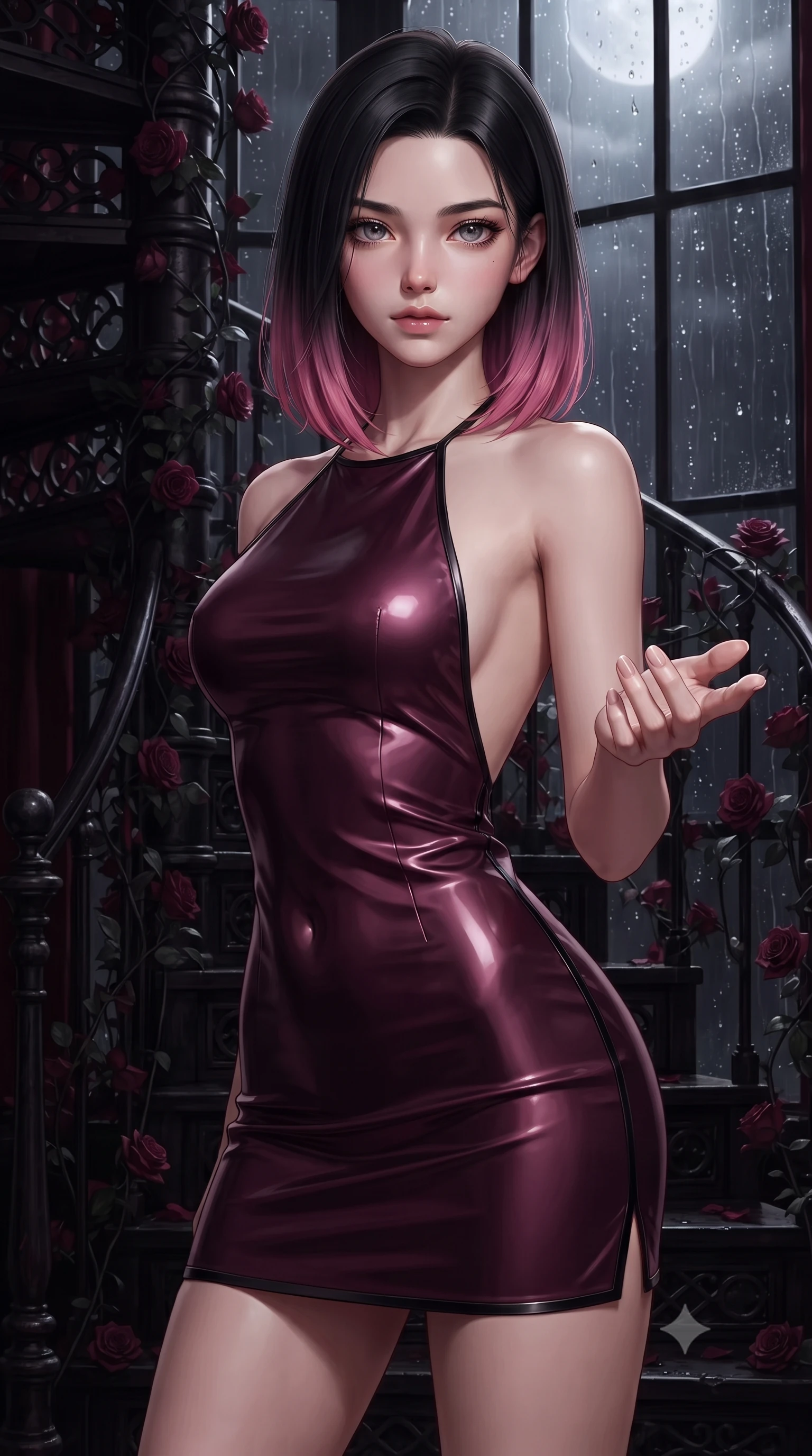 score_9, masterpiece, best quality, ultra-detailed, high-budget anime keyframe, editorial fashion photography, tasteful artistic composition, Korean woman. close-up cowboy shot from the waist and thighs up, the character dominates the composition, filling the frame with her large presence, background elements kept in soft focus. Reaching one hand toward the viewer with relaxed sensual elegance, poised before a dark iron spiral staircase wrapped in dark red rose vines, rain droplets streaming down dark glass panes glinting under silver moon rays. She has an exceptionally elegant, slender, and willowy female figure with an ultra-slim waist, a gracefully sculpted slender torso, and a refined silhouette. sharp v-shaped jawline, high-bridge nose, intricate jewel-like eyes with depth, thick eyelashes, glossy lips with a natural sheen. wearing backless liquid vinyl mini slip dress with bare shoulder halter neckline in dark plum violet, made of soft crimson satin, adorned with minimalist black onyx hardware framing the silhouette, sculpting her athletic slender build with refined precision. bathed in rich dark crimson tones and deep pitch-black ambient shadows. ultra-reflective glossy finish, specular highlights, metallic sheen, high-contrast stereoscopic depth, volumetric dynamic lighting, 2k, ultra detail, master piece, 9:16 ratio