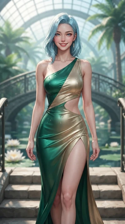 Korean woman. smiling with quiet, magnetic self-assurance directly into the camera, her sculpted waistline catching specular highlights while walking slowly down the bridge steps with feline poise, her long slender legs and curvy hourglass hips commanding the grand water conservatory. The background shows a soft-focus arched iron bridges,...