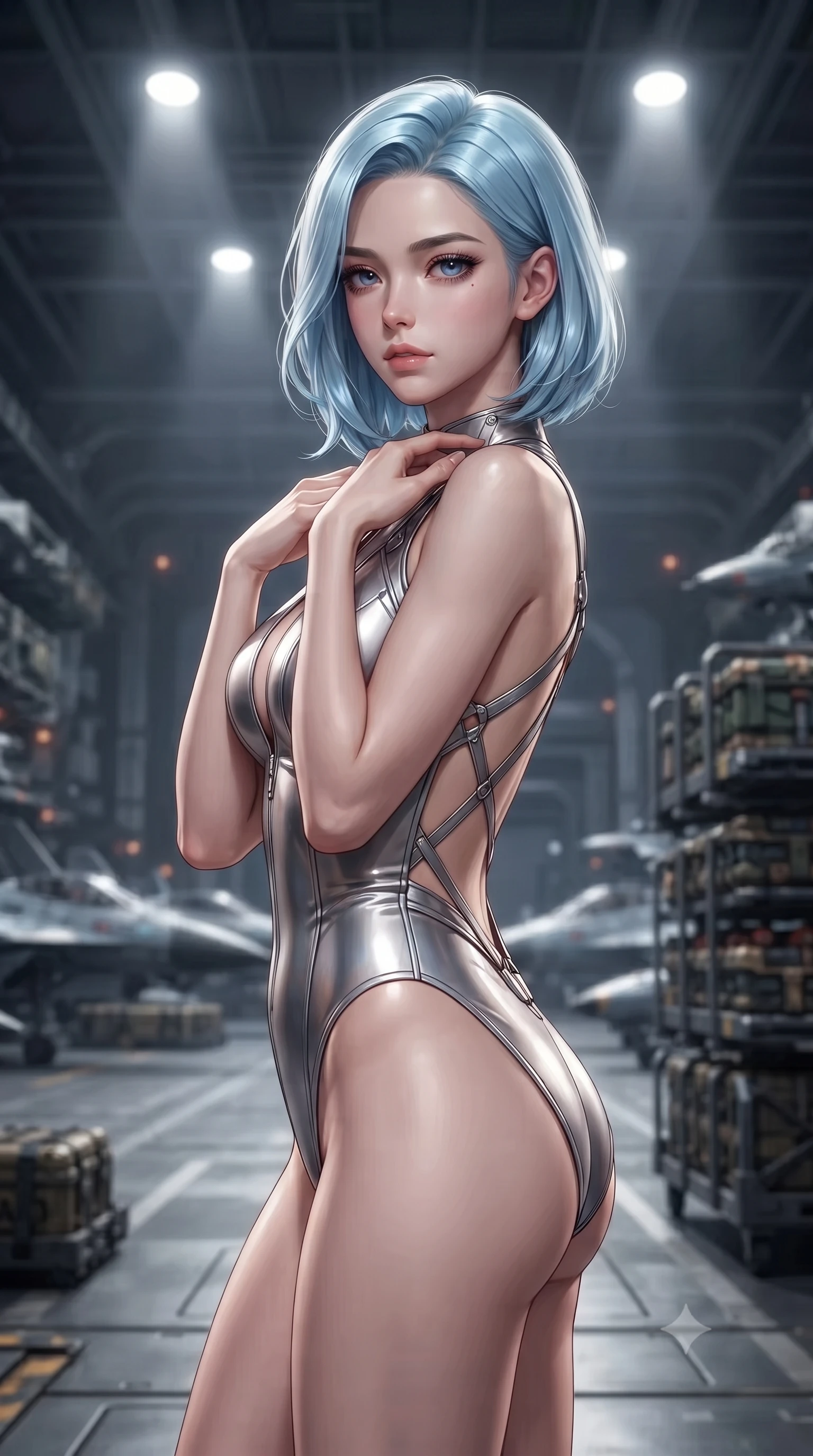 score_9, masterpiece, best quality, ultra-detailed, high-budget anime keyframe, editorial fashion photography, tasteful artistic composition, Korean woman. close-up cowboy shot from the waist and thighs up, the character dominates the composition, filling the frame with her large presence, background elements kept in soft focus. standing in a relaxed, elegant posture with both hands resting lightly on her collarbone, looking at the viewer with bedroom-eyes, the background shows a soft-focus the hangar bay of a singularity cruiser with parked fighters and cargo racks. She has an exceptionally elegant, slender, and willowy female figure with an ultra-slim waist, a gracefully sculpted slender torso, and a refined silhouette. sharp v-shaped jawline, high-bridge nose, intricate jewel-like eyes with depth, thick eyelashes, glossy lips with a natural sheen. wearing a slim-fit low-cut cybernetic bodysuit with open-back design and thin structural straps crossing her bare shoulder blades. focused overhead white spotlights highlighting the detailed metallic textures. ultra-reflective glossy finish, specular highlights, metallic sheen, high-contrast stereoscopic depth, volumetric dynamic lighting, 2k, ultra detail, master piece, 9:16 ratio