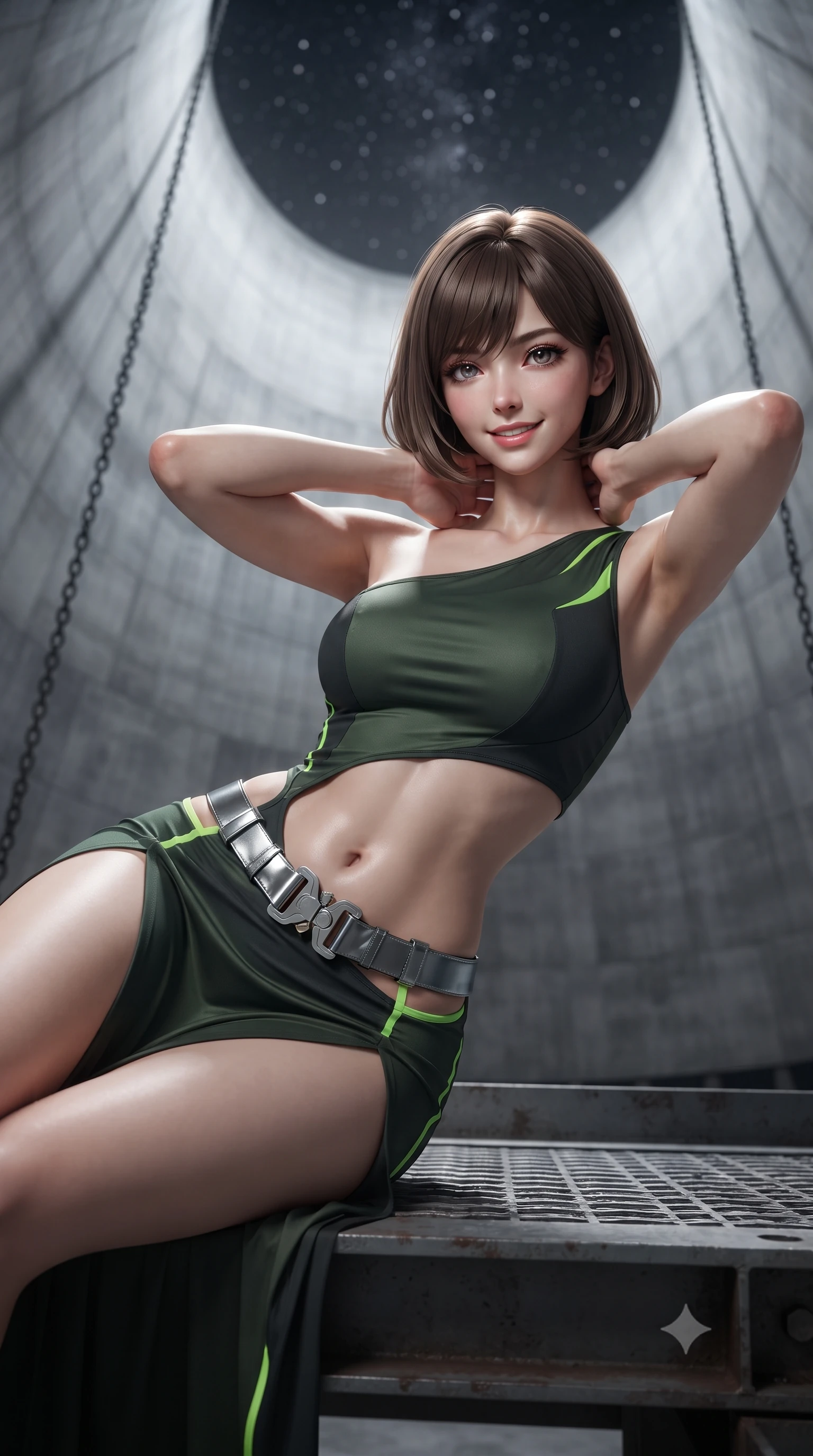 score_9, masterpiece, best quality, ultra-detailed, high-budget anime keyframe, editorial fashion photography, tasteful artistic composition, Caucasian woman. close-up cowboy shot from the waist and thighs up, the character dominates the composition, filling the frame with her large presence. resting both hands lightly behind her neck with elbows raised, arching her spine to highlight her narrow waist, flat midriff, and breathtaking collarbones while lounging on an equipment platform propped on one elbow, her statuesque 8.5-heads silhouette commanding the monumental concrete interior. The background shows a soft-focus the towering curving concrete walls of the cooling tower, hanging chains, and star-filled circular opening blurred into charcoal, slate, and starlight bokeh. She has an exceptionally elegant, slender, and willowy female figure with an ultra-slim waist, flat toned midriff, narrow ribcage, and sculpted feminine hips creating an alluring, slim hourglass silhouette without bulk. sharp v-shaped jawline, high-bridge nose, sparkling eyes with hypnotic seductive depth, thick curled eyelashes, glossy parted lips with a natural dewy peach sheen, alluring bedroom-eyes with an enchanting coquettish smile, exuding magnetic siren charisma and sophisticated glamour, flawlessly proportioned anatomical accuracy, strict slender model proportions, natural body alignment, perfectly sculpted long slender limbs, ultra-slim waistline, clean dynamic posture without body distortion. wearing an asymmetric one-shoulder liquid jersey dancer gown with dramatic hip-high slit and waist cutout in stealth night-vision green and carbon charcoal with neon accents, made of semi-opaque stretch illusion mesh with soft shadowy contours, accented with a quick-release tactical chrome buckle harness resting snugly across her hips, the liquid-tight tailored fabric clinging flawlessly to her narrow waist and rounded feminine hips, emphasizing every millimeter of her sculpted slim hourglass curves without any bulky heaviness. illuminated by concrete bounce fill and sharp cold-platinum rim lights sculpting her razor-sharp jawline, narrow waist, and curvy hips. ultra-reflective glossy finish, specular highlights, rich textural contrasts, high-contrast stereoscopic depth, volumetric dynamic lighting, 2k, ultra detail, master piece, 9:16 ratio