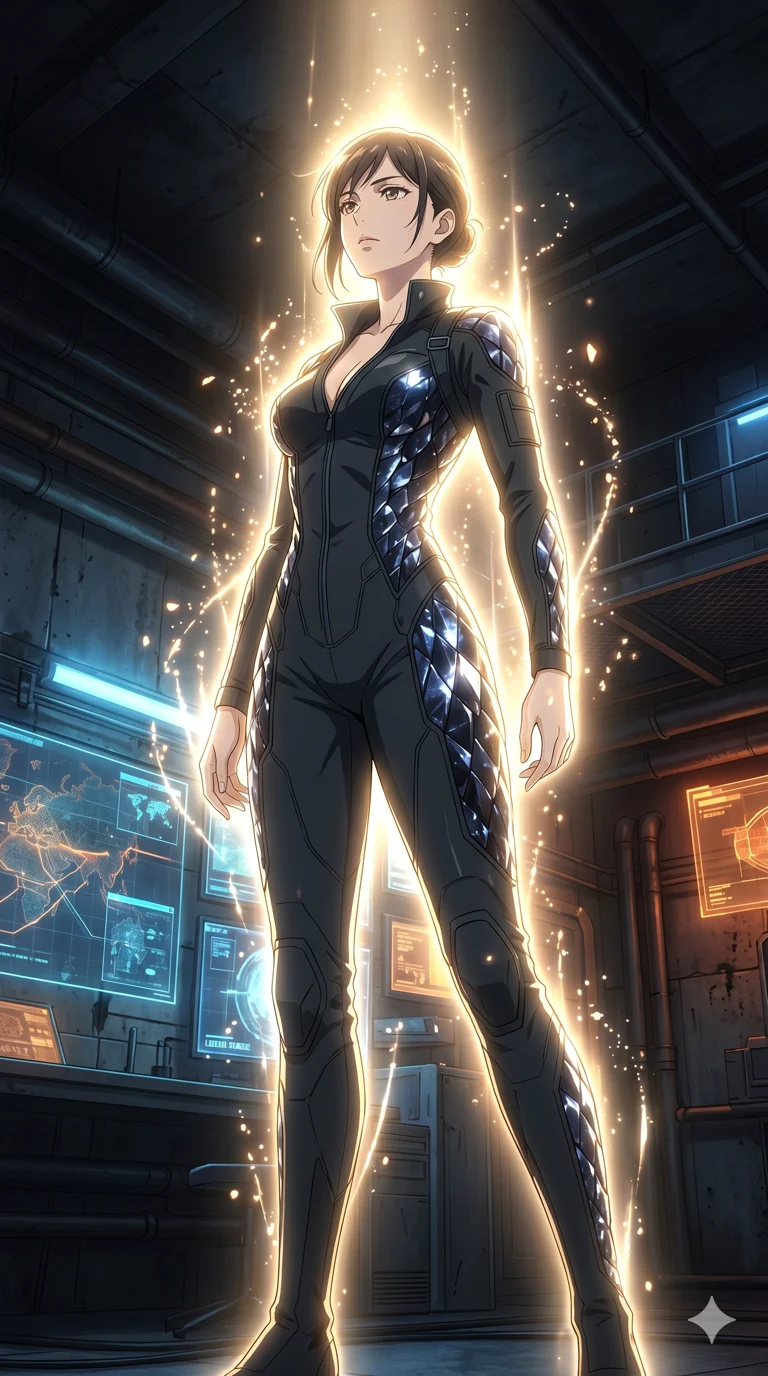 score_9, masterpiece, best quality, ultra-detailed, High-budget Anime Keyframe, vibrant colors, fluid line-art, expressive lighting, cinematic composition, Ufotable-style visual effects, top-tier animation quality, Japanese woman with delicate and elegant anime-inspired features. Cinematic low angle perspective showcasing her towering height and perfect 8-heads proportion. Transcending her physical form in a sudden flash of divine light, her silhouette becoming a being of pure energy. She has an absolutely perfect 8-heads proportion, an exceptionally tall and slender female figure with impossibly long slender legs and an ultra-slim waist, her statuesque height and towering silhouette dominating the vertical 9:16 frame. Her face is a masterpiece featuring a sharp v-shaped jawline, high-bridge nose, intricate jewel-like eyes with depth, thick eyelashes, and glossy lips with a natural sheen. She is wearing a Sci-fi pilot flight suit with an open collar and strategically placed mesh panels crafted from Obsidian-glass scales that shimmer with a dark, crystalline brilliance, featuring a crystalline structure that catches the light and reveals her slender frame. The scene is set in an underground rebel bunker with flickering holographic screens and tactical maps, illuminated by dynamic strobe effects that capture her movement in a series of sharp fragments. 2k, ultra detail, master piece, 9:16 ratio