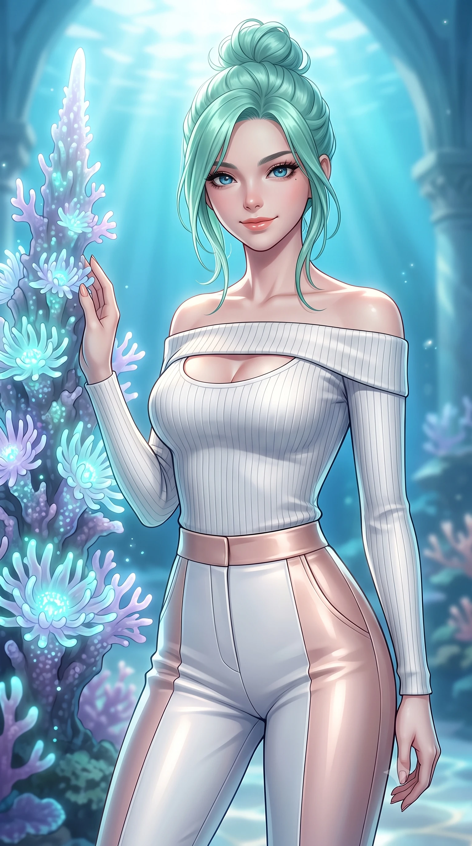 score_9, masterpiece, best quality, ultra-detailed, high-budget anime keyframe, editorial fashion photography, tasteful artistic composition, Japanese woman. close-up cowboy shot from the waist and thighs up, the character dominates the composition, filling the frame with her large presence, background elements kept in soft focus. Smiling with quiet, magnetic self-assurance directly into the lens touching a bioluminescent coral spire in a sun-drenched underwater cathedral, glowing coral blossoms emitting soft aqua and lavender light. She has an exceptionally elegant, slender, and willowy female figure with an ultra-slim waist, a gracefully sculpted slender torso, and a refined silhouette. sharp v-shaped jawline, high-bridge nose, intricate jewel-like eyes with depth, thick eyelashes, glossy lips with a natural sheen. wearing a sleek off-shoulder ribbed knit top paired with high-waist tailored pants in pearl white and rose gold, formed from sleek second-skin neoprene, accented with a Tasteful chest slit framing her clavicle gracefully, the sleek second-skin texture accentuating her magnetic presence. lit by clear sun-drenched sea light with soft ethereal shadows. highly saturated vibrant anime colors, detailed shading with soft gradients, rich glossy textures, high-contrast stereoscopic depth, volumetric dynamic lighting, master piece, 9:16 ratio