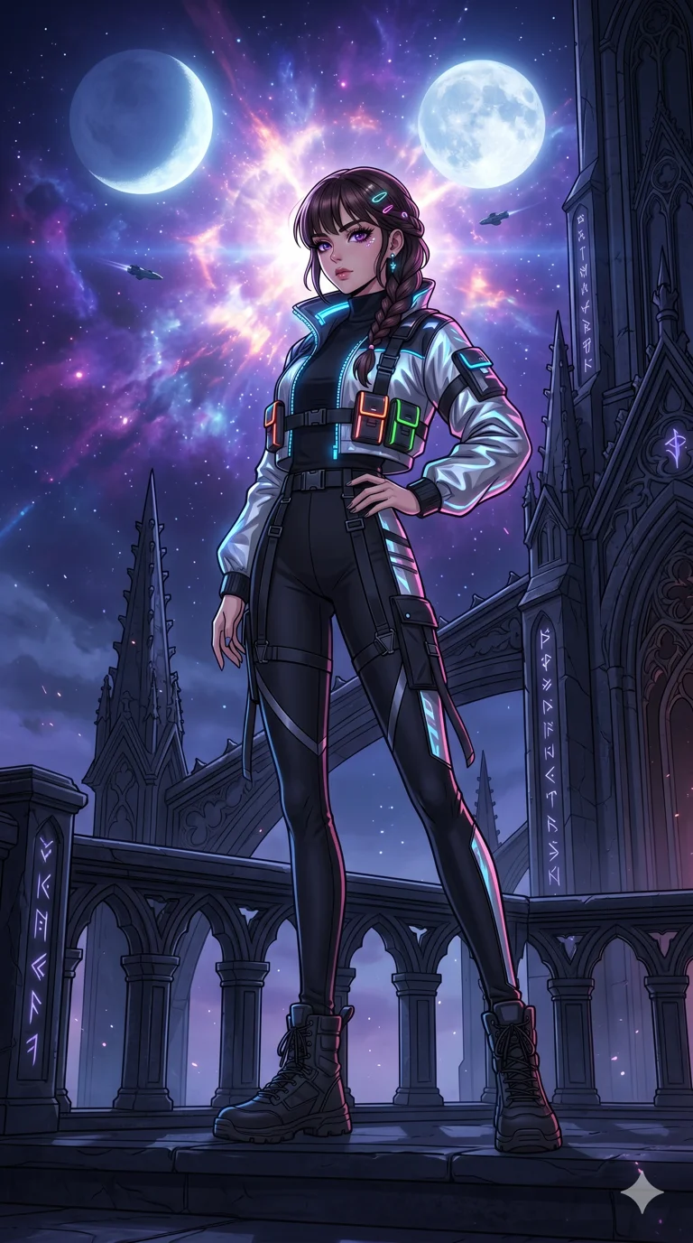 score_9, masterpiece, best quality, ultra-detailed, high-budget anime movie keyframe, cinematic anime lighting, intricate line art, Caucasian (strictly human ears) anime girl. Dynamic full-body shot stretching the vertical silhouette across the 9:16 frame. observing a supernova in a gothic obsidian tower under a twin-moon sky. She has an absolutely perfect 8-heads proportion, an exceptionally tall and slender female figure with an ultra-slim waist and impossibly long slender legs. sharp v-shaped jawline, high-bridge nose, intricate jewel-like eyes, thick eyelashes, glossy lips. Wearing modern urban tech-wear ensemble with a cropped reflective bomber jacket, ultra-slim high-waisted cargo leggings, and tactical harness with neon-lit pouches. The scene is illuminated by dramatic atmospheric lighting and vibrant color palettes. 2k, ultra detail, master piece, 9:16 ratio
