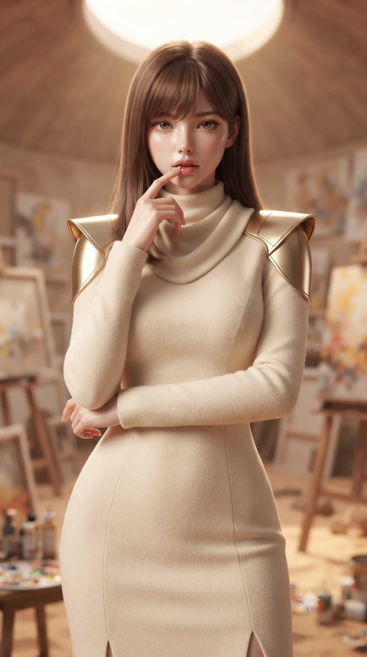 score_9, masterpiece, best quality, ultra-detailed, high-budget anime keyframe, editorial fashion photography, tasteful artistic composition, Korean woman. close-up cowboy shot from the waist and thighs up, the character dominates the composition, filling the frame with her large presence, background elements kept in soft focus. pressing one finger to her bottom lip in a thoughtful, seductive gesture under the warm sun the background shows a soft-focus a private Art studio dome in the desert filled with canvases and paints. She has an exceptionally elegant, slender, and willowy female figure with an ultra-slim waist, a gracefully sculpted slender torso, and a refined silhouette. sharp v-shaped jawline, high-bridge nose, intricate jewel-like eyes with depth, thick eyelashes, glossy lips with a natural sheen. wearing a tailored elegant galactic senate gown in cream cashmere, featuring structured metallic gold shoulder guards and a high-neck drape. crisp North daylight casting soft, consistent lighting over the workspace. ultra-reflective glossy finish, specular highlights, metallic sheen, high-contrast stereoscopic depth, volumetric dynamic lighting, 2k, ultra detail, master piece, 9:16 ratio