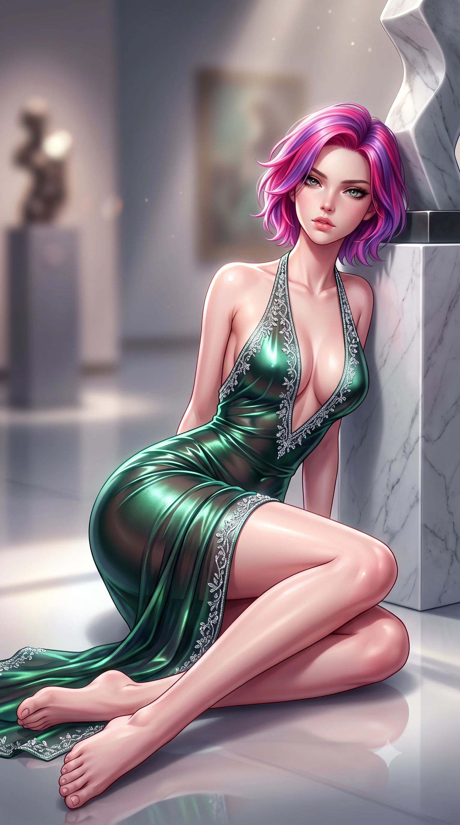 score_9, masterpiece, best quality, ultra-detailed, high-budget anime keyframe, semi-realistic 3D game render, editorial fashion photography, tasteful artistic composition, Caucasian woman. low angle full-body shot from head to toe showing her feet, filling the entire 9:16 vertical frame with her statuesque presence, stretching her vertical silhouette. reclining on her side in an elegant Cleopatra pose with one knee drawn up, the dramatic contour of her rounded hips and long slender legs commanding the 9:16 vertical frame while leaning back against the pedestal of a minimalist marble sculpture with hips cocked, casting a cool, intellectual, and smoldering gaze at the camera. The composition keeps background elements in soft focus with creamy bokeh. gallery pin-spotlight beams and reflective floor highlights scattering sleek directional light motes. She has an exceptionally tall and slender model-like 8.5-heads proportion, an ultra-slim waist, a flat toned midriff, narrow delicate ribcage, and beautifully sculpted feminine hips creating a graceful, slim hourglass silhouette without any bulky heaviness, with impossibly long slender legs. sharp v-shaped jawline, high-bridge nose, intricate jewel-like eyes with depth, thick eyelashes, glossy parted lips with a natural sheen, intensely captivating and seductive bedroom-eyes expression, flawlessly proportioned anatomical accuracy, strict slender model proportions, natural body alignment, perfectly sculpted long slender limbs, ultra-slim waistline, clean dynamic posture without body distortion. wearing a delicate semi-translucent silk yukata that clings to her wet skin and curvy hip contours in deep emerald green satin and gold hardware, crafted from luxurious metallic lamé that shifts radiance with every step, finished with delicate crystal frost embroidery tracing the plunging neckline, the liquid-tight tailored fabric clinging flawlessly to her narrow waist and rounded feminine hips, emphasizing every millimeter of her sculpted slim hourglass curves without any bulky heaviness. surrounded by a sophisticated, avant-garde, and dangerously seductive art-world muse aura. highly saturated vibrant anime colors, detailed shading with soft gradients, rich glossy textures, high-contrast stereoscopic depth, volumetric dynamic lighting, master piece, 9:16 ratio
