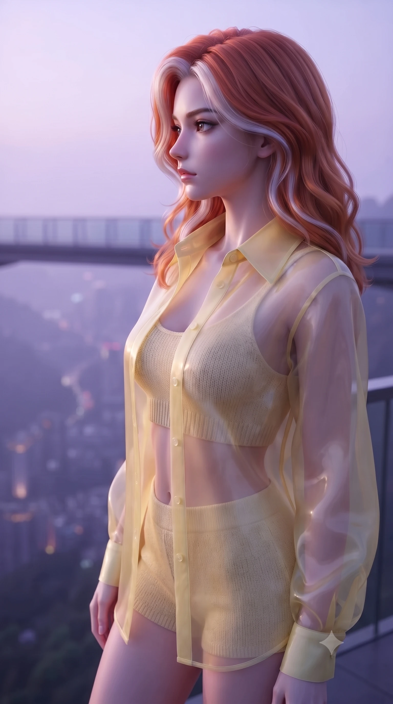 score_9, masterpiece, best quality, ultra-detailed, high-budget anime keyframe, editorial fashion photography, tasteful artistic composition, Caucasian woman. close-up cowboy shot from the waist and thighs up, the character dominates the composition, filling the frame with her large presence, background elements kept in soft focus. turning her face in sharp profile, casting a cold, mysterious, yet intensely alluring side gaze, the background shows a soft-focus a high-rise skywalk bridge overlooking an illuminated fog-draped city valley. She has an exceptionally elegant, slender, and willowy female figure with an ultra-slim waist, a gracefully sculpted slender torso, and a refined silhouette. sharp v-shaped jawline, high-bridge nose, intricate jewel-like eyes with depth, thick eyelashes, glossy lips with a natural sheen. wearing a tailored sheer organza shirt in pale yellow worn open over a knit crop top and micro-shorts. soft diffused violet atmosphere with crisp silver edge lighting. highly saturated vibrant anime colors, detailed shading with soft gradients, rich glossy textures, high-contrast stereoscopic depth, volumetric dynamic lighting, master piece, 9:16 ratio
