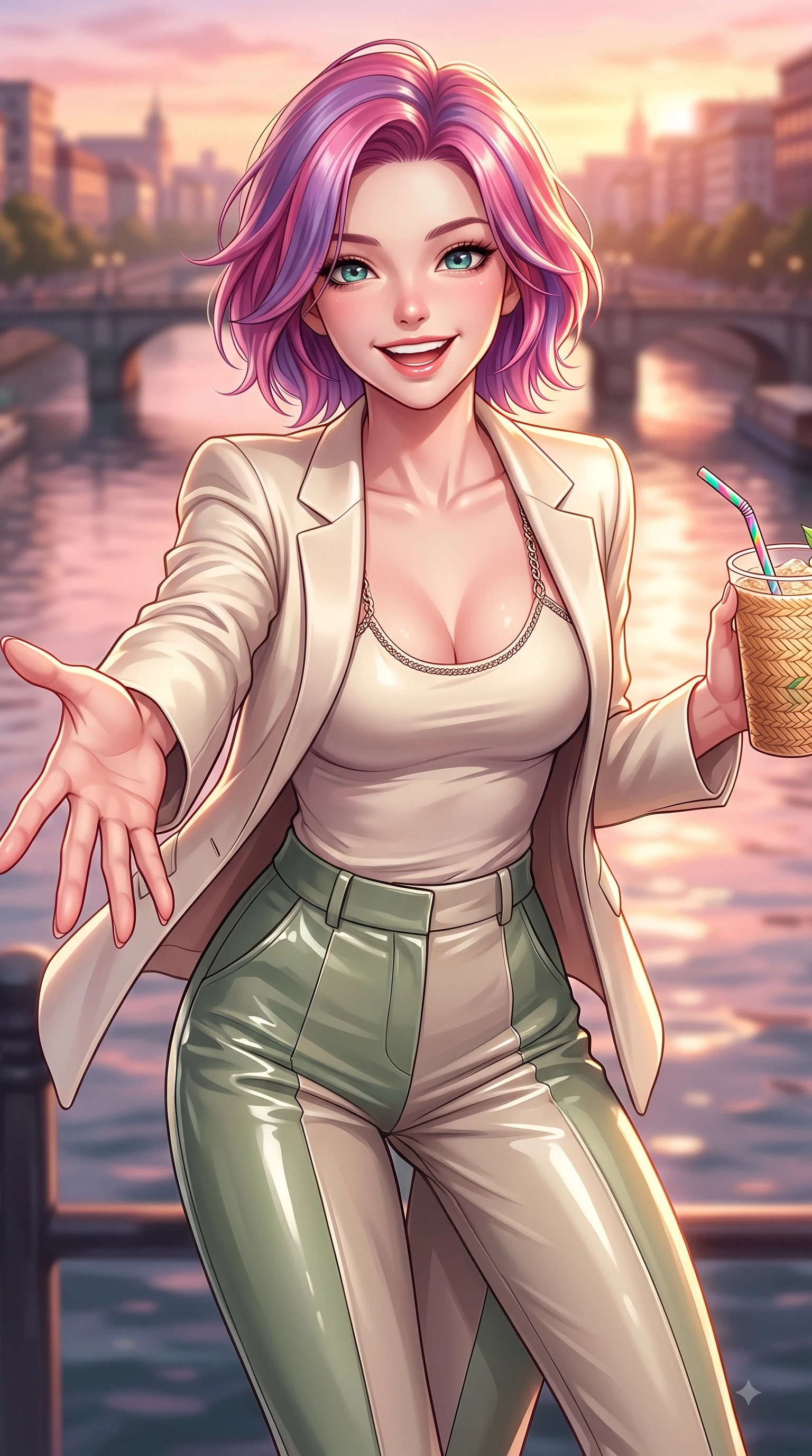 score_9, masterpiece, best quality, ultra-detailed, high-budget anime keyframe, editorial fashion photography, tasteful artistic composition, Caucasian woman. close-up cowboy shot from the waist and thighs up, the character dominates the composition, filling the frame with her large presence, background elements kept in soft focus. Cheerful beaming smile with sparkling eyes and a fresh girlhood aura, leaning forward with playful grace while reaching one hand out toward the camera with a joyful cute grin, holding a straw drink, warm rose-gold and amber sunset light reflecting off calm river waters and city bridges. She has an exceptionally elegant, slender, and willowy female figure with an ultra-slim waist, a gracefully sculpted slender torso, and a refined silhouette. sharp v-shaped jawline, high-bridge nose, intricate jewel-like eyes with depth, thick eyelashes, glossy lips with a natural sheen, flawlessly proportioned anatomical accuracy, natural body alignment, perfectly sculpted elegant limbs, clean dynamic posture without body distortion. wearing a tailored cream silk blazer over a form-contouring scoop-neck top and slacks in sage green and oatmeal, tailored from high-gloss patent leather, adorned with delicate metallic chain straps along the neckline, the sleek second-skin texture accentuating her magnetic presence. illuminated by soft glowing sunset reflections with cheerful golden rim lights. highly saturated vibrant anime colors, detailed shading with soft gradients, rich glossy textures, high-contrast stereoscopic depth, volumetric dynamic lighting, master piece, 9:16 ratio