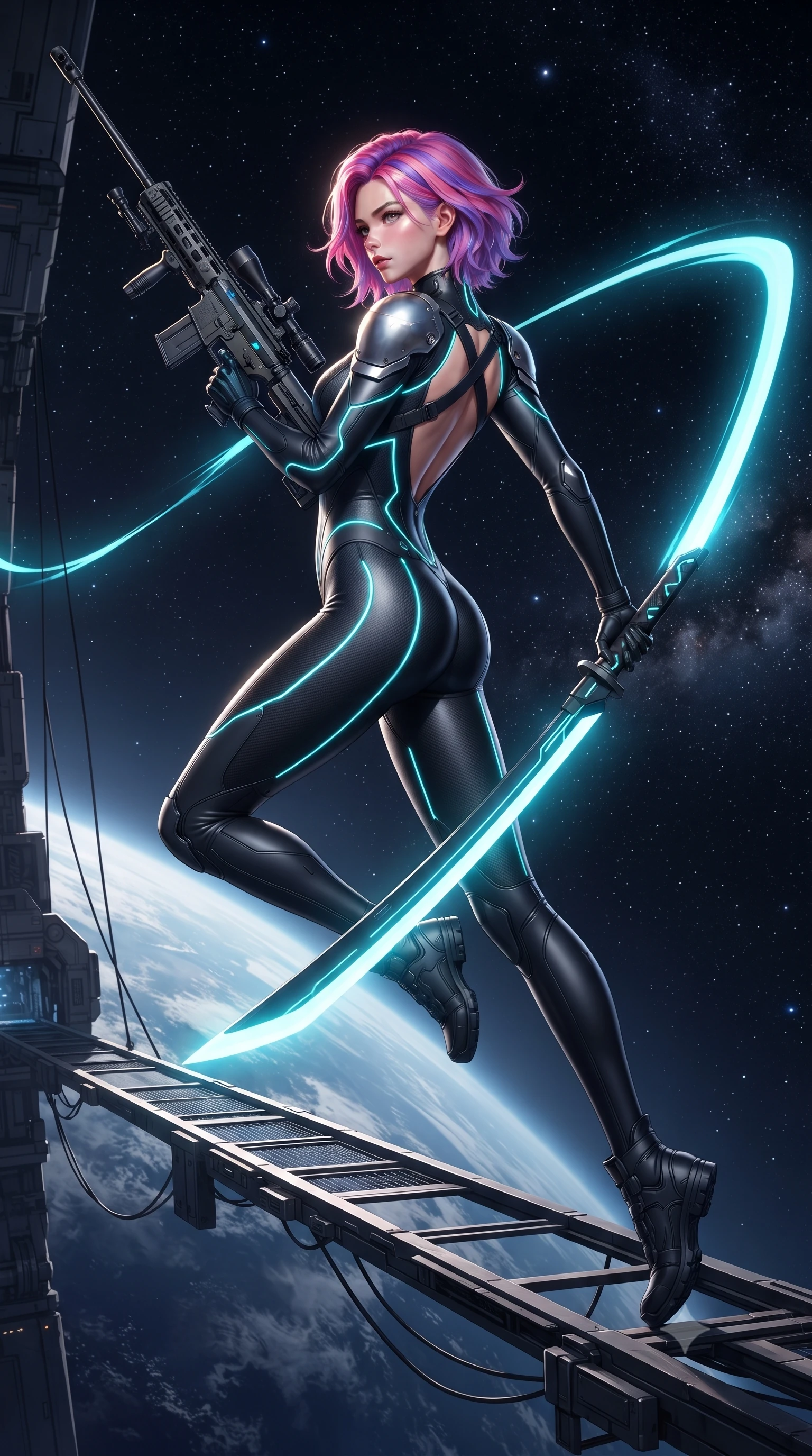 score_9, masterpiece, best quality, ultra-detailed, high-budget anime keyframe, editorial fashion photography, tasteful artistic composition, Caucasian woman. low angle full-body shot from head to toe showing her feet, filling the entire 9:16 vertical frame with her statuesque presence, stretching her vertical silhouette. arching her back gracefully in mid-air during a dynamic combat vault, her weapon energy trail framing her statuesque presence while stepping along a suspended gantry extending into the starry void with sniper rifle held in a relaxed, sovereign posture. The surrounding environment is rendered in vivid detail and crisp panoramic clarity. dramatic space chiaroscuro and grand orbital engineering captured with environmental precision. She has an absolutely perfect, statuesque 8.5-heads proportion, an exceptionally tall and slender model-like female figure with impossibly long slender legs, a toned flat midriff, and an ultra-slim waist. sharp v-shaped jawline, high-bridge nose, intricate jewel-like eyes with depth, thick eyelashes, glossy lips with a natural sheen, flawlessly proportioned anatomical accuracy, strict slender model proportions, natural body alignment, perfectly sculpted long slender limbs, ultra-slim waistline, clean dynamic posture without body distortion. wearing an aerodynamic matte-black carbon-fiber bodysuit with glowing neon cyan conduit lines, reinforced by polished titanium pauldrons, wielding a sleek holographic plasma katana with a brilliant energy blade in matte obsidian carbon black with electric cyan conduits, crafted from ultra-strong woven carbon-fiber composite with a satin luster, complemented by criss-cross back harness straps highlighting her completely bare spine, the glove-like aerodynamic second-skin fit tightly clinging to her ultra-slender waist and athletic curves without adding bulk, accentuating her razor-sharp statuesque lines and slim hourglass silhouette. surrounded by an awe-inspiring, calm, and radiantly deadly orbital sharpshooter goddess aura. ultra-reflective glossy finish, specular highlights, dark metallic sheen, high-contrast stereoscopic depth, volumetric dynamic lighting, 2k, ultra detail, master piece, 9:16 ratio