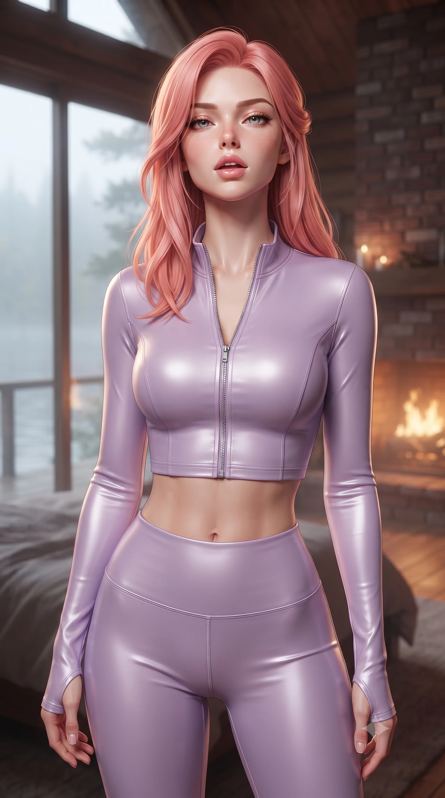 score_9, masterpiece, best quality, ultra-detailed, high-budget anime keyframe, editorial fashion photography, tasteful artistic composition, Japanese woman woman. close-up cowboy shot from the waist and thighs up, the character dominates the composition, filling the frame with her large presence, background elements kept in soft focus. tilting her chin up slightly with lips parted in a composed, provocative expression the background shows a soft-focus a rustic bedroom of a lakeside cabin, facing a large glass window looking out at misty waters. She has an exceptionally elegant, slender, and willowy female figure with an ultra-slim waist, a gracefully sculpted slender torso, and a refined silhouette. sharp v-shaped jawline, high-bridge nose, intricate jewel-like eyes with depth, thick eyelashes, glossy lips with a natural sheen. wearing a form-contouring body-hugging activewear set of a tailored zip-up long-sleeve crop top and matching high-waisted leggings in soft lavender. soft morning mist diffusing the warm light of a brick fireplace. ultra-reflective glossy finish, specular highlights, metallic sheen, high-contrast stereoscopic depth, volumetric dynamic lighting, 2k, ultra detail, master piece, 9:16 ratio