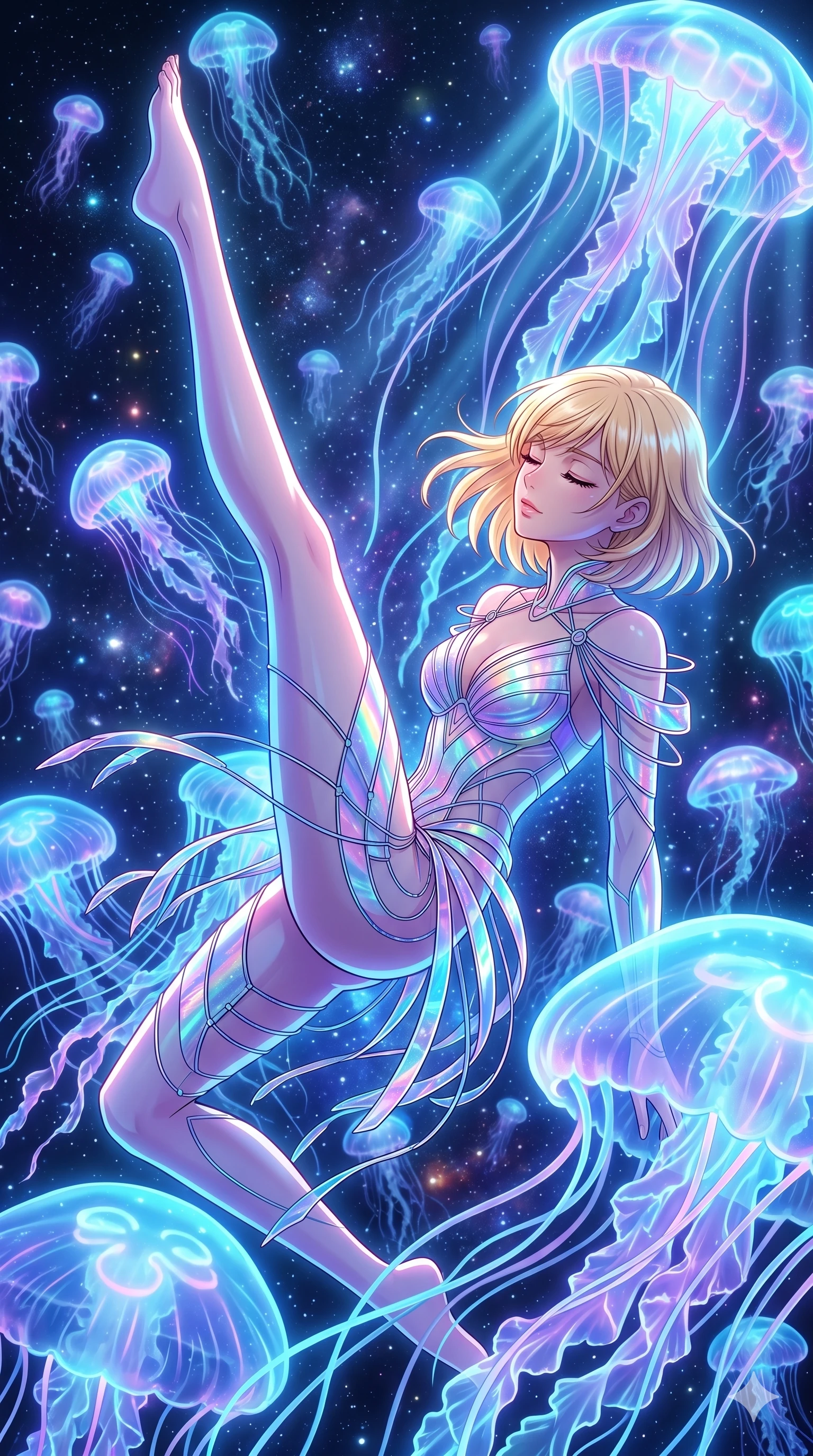 score_9, masterpiece, best quality, ultra-detailed, high-budget anime keyframe, Japanese woman. upper body close-up from the thighs up, character filling the screen for maximum presence. swirling gracefully among the glowing ribbon-like tentacles of giant bioluminescent jellyfish floating in a starry sky garden. She has an absolutely perfect 8-heads proportion, an exceptionally tall and slender female figure with impossibly long slender legs and an ultra-slim waist. V-shaped jawline, high-bridge nose, intricate jewel-like eyes with depth, thick eyelashes, glossy lips with a natural sheen.. wearing a holographic ribbon shell armor, featuring thin iridescent plates linked by wire straps over a sleek structured base layer. bathed in brilliant cinematic volumetric lighting and intense neon rim light highlighting her slender form. 2k, ultra detail, master piece, 9:16 ratio