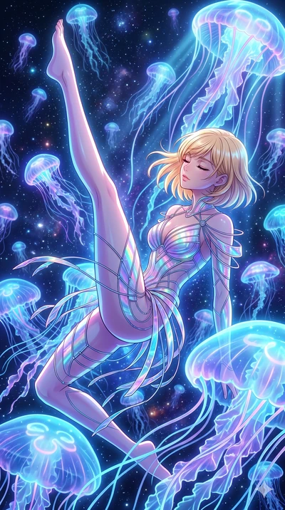 score_9, masterpiece, best quality, ultra-detailed, high-budget anime keyframe, Japanese woman. upper body close-up from the thighs up, character filling the screen for maximum presence. swirling gracefully among the glowing ribbon-like tentacles of 