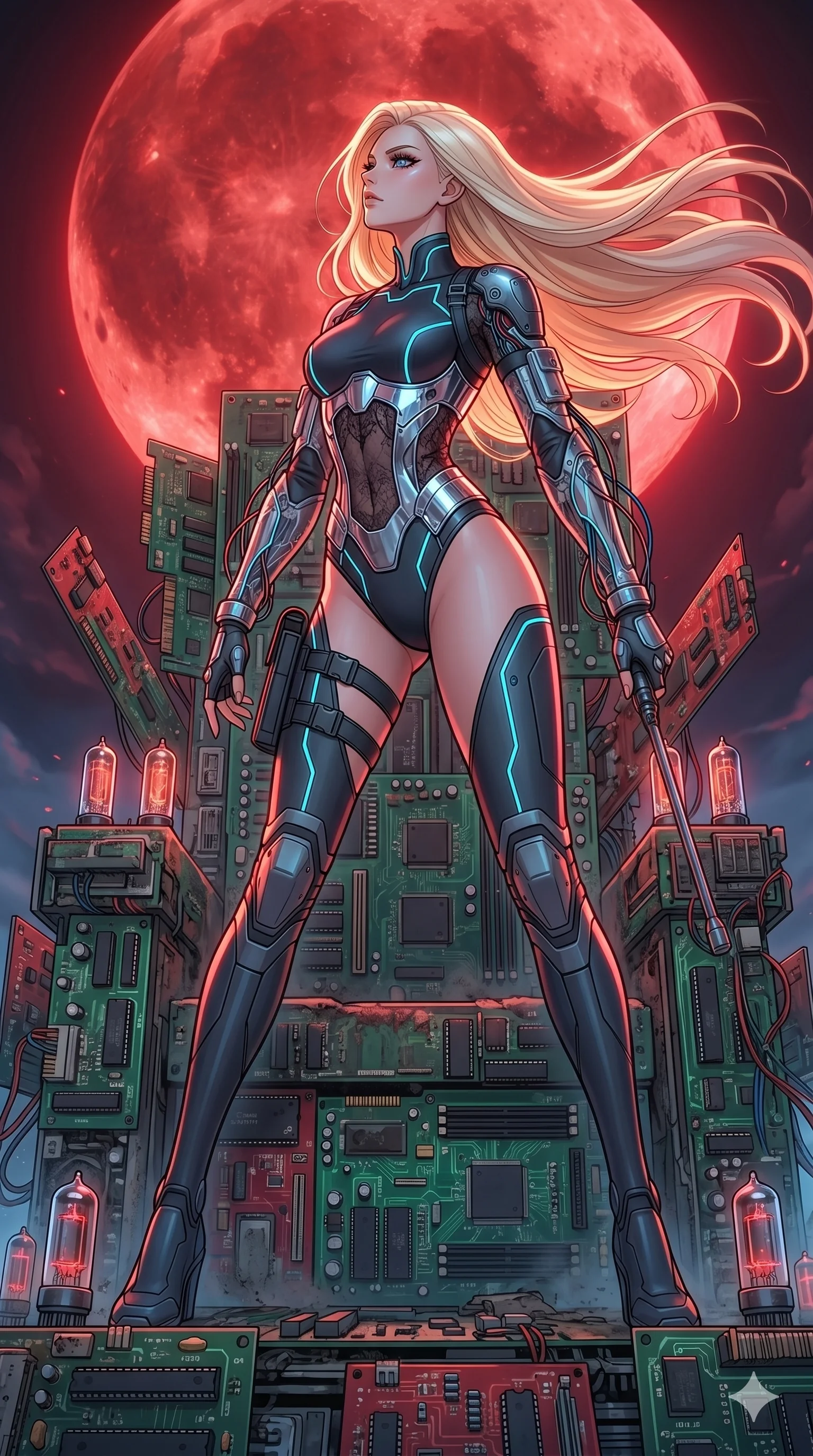 score_9, masterpiece, best quality, ultra-detailed, high-budget anime movie keyframe, cinematic anime lighting, intricate line art, Japanese anime girl. Dynamic full-body shot stretching the vertical silhouette with extreme perspective. standing victorious on a throne of logic-boards under a blood moon. She has an absolutely perfect 8-heads proportion, an exceptionally tall and slender female figure with an ultra-slim waist and impossibly long slender legs. strictly human anatomy, two legs only, no extra limbs, clearly defined legs and arms, perfect anatomy, perfect hands and fingers. sharp v-shaped jawline, high-bridge nose, intricate jewel-like eyes, thick eyelashes, glossy lips. Wearing Cyber-Tech Legacy: Asymmetrical high-cut tech-bodysuit with detached sleeves and chrome-plated corset over sheer lace. The scene is illuminated by dramatic atmospheric lighting and vibrant color palettes. , 2k, ultra detail, master piece, 9:16 ratio