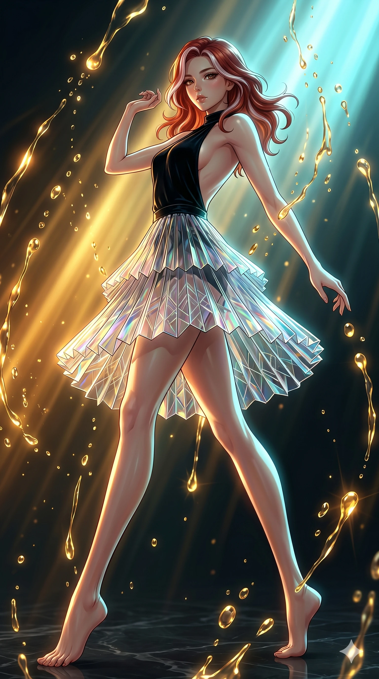 score_9, masterpiece, best quality, ultra-detailed, high-budget anime keyframe, Japanese woman. low angle full-body shot filling the entire 9:16 frame with her statuesque presence, stretching the vertical silhouette. dodging ethereal liquid gold rain that rises upward from the ground in warm shimmering droplets under an inverted gravity field. She has an absolutely perfect 8-heads proportion, an exceptionally tall and slender female figure with impossibly long slender legs and an ultra-slim waist. V-shaped jawline, high-bridge nose, intricate jewel-like eyes with depth, thick eyelashes, glossy lips with a natural sheen.. wearing a fractal glass pleated skirt and a backless black velvet halter neck top, creating a dramatic and elegant silhouette. showcasing a beautiful play of light and shadow, with warm golden rays clashing against cool cyan highlights. 2k, ultra detail, master piece, 9:16 ratio