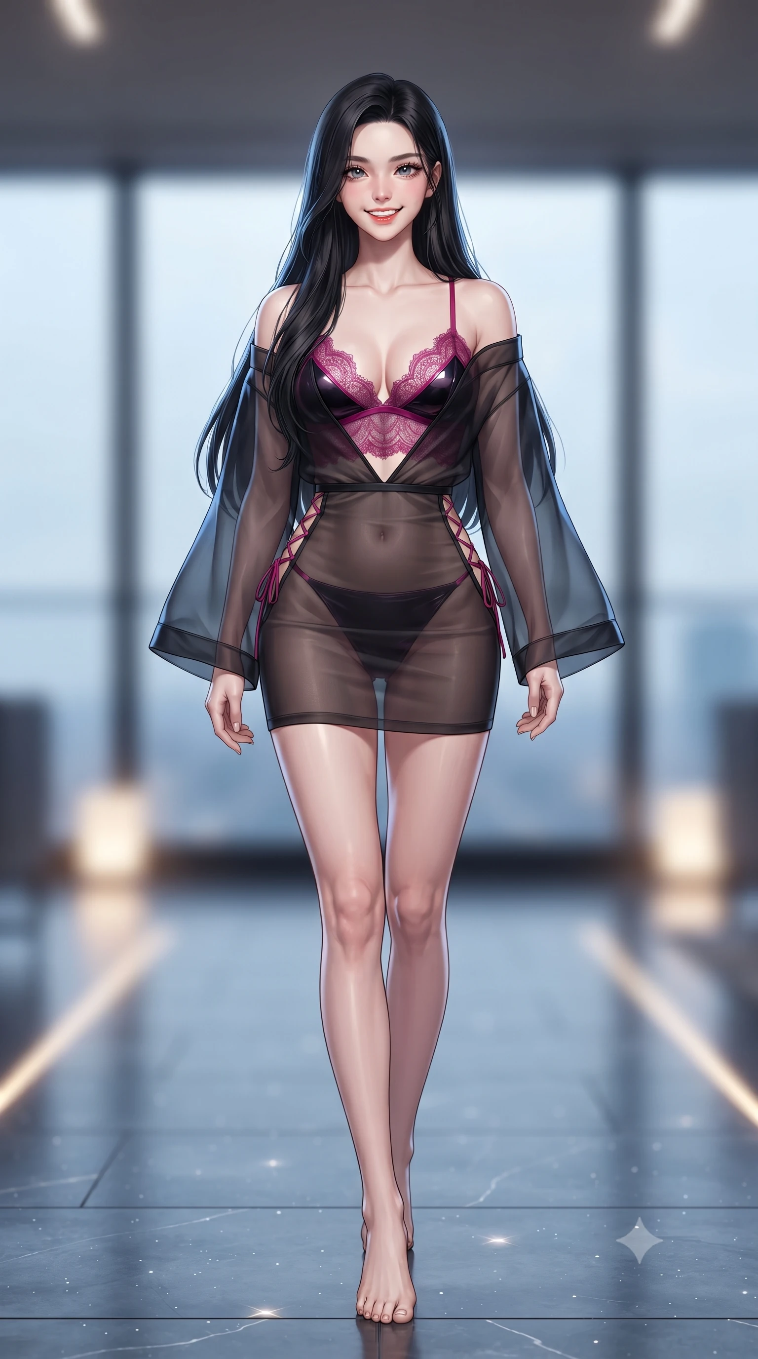 score_9, masterpiece, best quality, ultra-detailed, high-budget anime keyframe, editorial fashion photography, tasteful artistic composition, Korean woman. low angle full-body shot from head to toe showing her feet, filling the entire 9:16 vertical frame with her statuesque presence, stretching her vertical silhouette. stepping slowly toward the camera with hypnotic grace, hips swaying in an alluring sensual rhythm that accentuates her curvy hourglass silhouette and long slender legs while twisting her slender torso in an alluring contrapposto stance on the heated slate floor, starlight and fire pit glows tracing her flat midriff. The background shows a soft-focus recessed floor uplights softened in sky observatory penthouse shallow focus. She has an exceptionally tall and slender model-like 8.5-heads proportion, an ultra-slim waist, a flat toned midriff, narrow delicate ribcage, and beautifully sculpted feminine hips creating a graceful, slim hourglass silhouette without any bulky heaviness, with impossibly long slender legs. sharp v-shaped jawline, high-bridge nose, intricate jewel-like sparkling eyes with depth, thick eyelashes, glossy parted lips with a natural peach sheen, bright cheerful beaming smile with an enchanting and coquettish sensual glint, exuding both youthful cute charm and seductive allure, flawlessly proportioned anatomical accuracy, strict slender model proportions, natural body alignment, perfectly sculpted long slender limbs, ultra-slim waistline, clean dynamic posture without body distortion. wearing a modern sheer organza kimono dress with wide sleeves slipping gracefully off bare shoulders over a fitted bralette in Gangnam electric magenta noir and glossy onyx, made of delicate semi-sheer French Chantilly lace with intricate eyelash edges, featuring fine criss-cross lace-up side ties revealing tantalizing glimpses of her hip curve, the liquid-tight tailored fabric clinging flawlessly to her narrow waist and rounded feminine hips, emphasizing every millimeter of her sculpted slim hourglass curves without any bulky heaviness. illuminated by slate floor reflection fill and sharp ice-blue and gold rim lights sculpting her features, flat midriff, and slender waist. ultra-reflective glossy finish, specular highlights, rich textural contrasts, high-contrast stereoscopic depth, volumetric dynamic lighting, 2k, ultra detail, master piece, 9:16 ratio