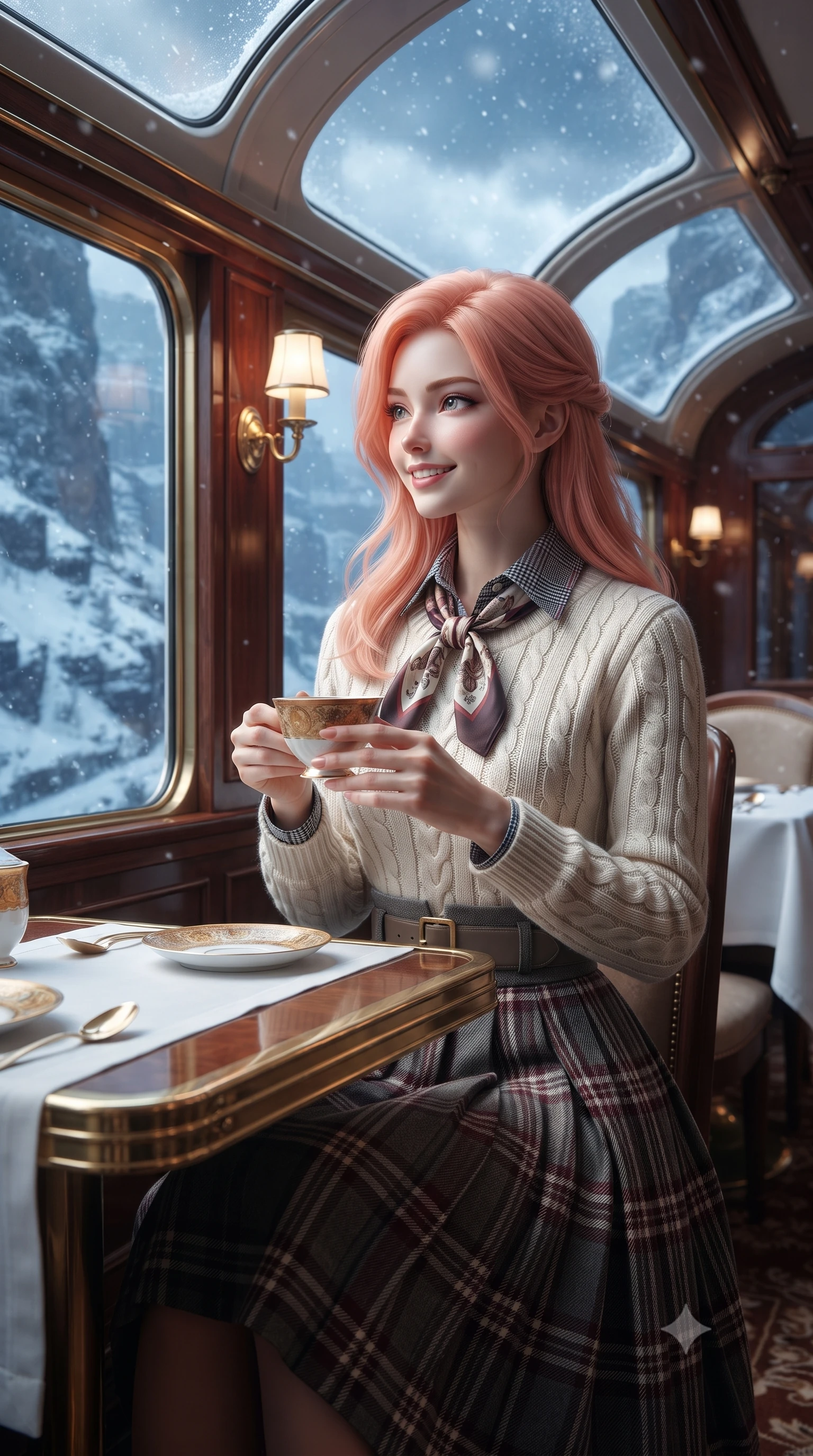score_9, masterpiece, best quality, ultra-detailed, high-budget anime keyframe, editorial fashion photography, tasteful artistic composition, Japanese woman. close-up cowboy shot from the waist and thighs up, the character dominates the composition, filling the frame with her large presence. holding a warm porcelain cup in both hands while tilting her head with an enchanting, beaming smile while sitting poised at the brass-trimmed wood dining table beneath the curved glass ceiling, watching snow canyons sweep past with an enchanted smile. The background shows a soft-focus polished train car interior brass sconces and white linen table settings softened in vintage luxury rail romance shallow focus. She has an exceptionally elegant, slender, and willowy female figure with an ultra-slim waist, flat toned midriff, narrow ribcage, and sculpted feminine hips creating an alluring, slim hourglass silhouette without bulk. sharp v-shaped jawline, high-bridge nose, intricate jewel-like sparkling eyes with depth, thick eyelashes, glossy parted lips with a natural peach sheen, bright cheerful beaming smile with an enchanting and coquettish sensual glint, exuding both youthful cute charm and seductive allure, flawlessly proportioned anatomical accuracy, strict slender model proportions, natural body alignment, perfectly sculpted long slender limbs, ultra-slim waistline, clean dynamic posture without body distortion. wearing an ivory cable-knit fisherman sweater paired with a pleated wool tartan midi skirt and a crisp collared poplin shirt in classic glen plaid monochrome with subtle wine red accent, crafted from rich cotton velvet with deep light-absorbing pile and soft gradients, finished with a printed silk twilly scarf knotted gracefully around her neck, the structured cinched belt emphasizing her narrow waistline and gracefully balanced proportions with timeless haute-couture polish. illuminated by cherrywood interior reflection fill and sharp silver-gold rim lights defining her razor-sharp jawline and willowy silhouette. ultra-reflective glossy finish, specular highlights, rich textural contrasts, high-contrast stereoscopic depth, volumetric dynamic lighting, 2k, ultra detail, master piece, 9:16 ratio
