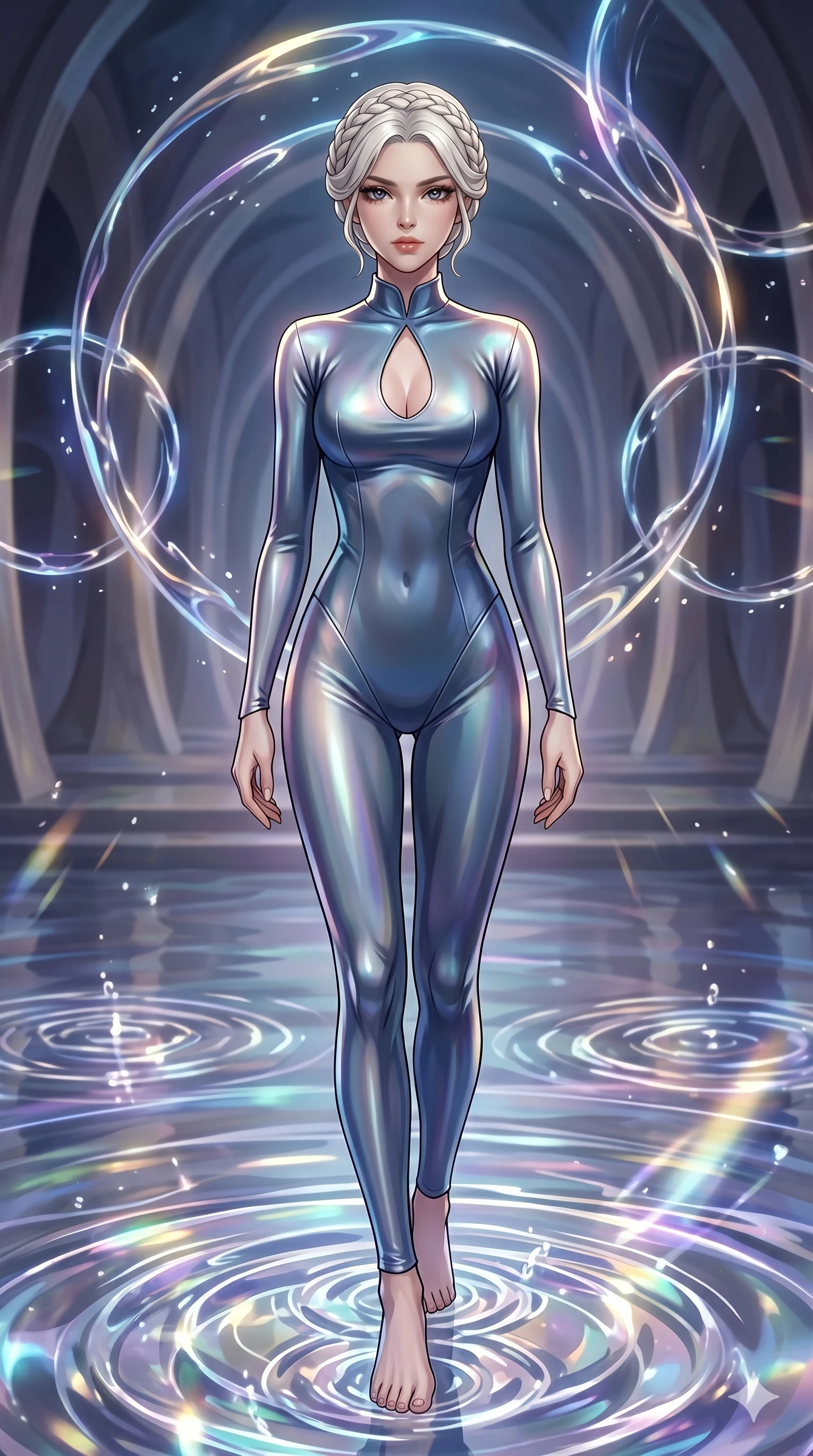 score_9, masterpiece, best quality, ultra-detailed, High-budget Anime Keyframe, vibrant colors, fluid line-art, expressive lighting, cinematic composition, Ufotable-style visual effects, top-tier animation quality, Korean woman with idol-like refined features. Medium shot from the thighs up, her commanding presence occupying two-thirds of the frame. Walking upon a surface of vibrating fluid that reacts to her every step with geometric ripples. She has an absolutely perfect 8-heads proportion, an exceptionally tall and slender female figure with impossibly long slender legs and an ultra-slim waist, her statuesque height and towering silhouette dominating the vertical 9:16 frame. Her face is a masterpiece featuring a sharp v-shaped jawline, high-bridge nose, intricate jewel-like eyes with depth, thick eyelashes, and glossy lips with a natural sheen. She is wearing a Sleek liquid-silk jumpsuit that clings to her frame, with a high collar and a small strategic teardrop cutout. The scene is set in a chamber of echoes where every sound creates beautiful liquid patterns in the air. 2k, ultra detail, master piece, 9:16 ratio