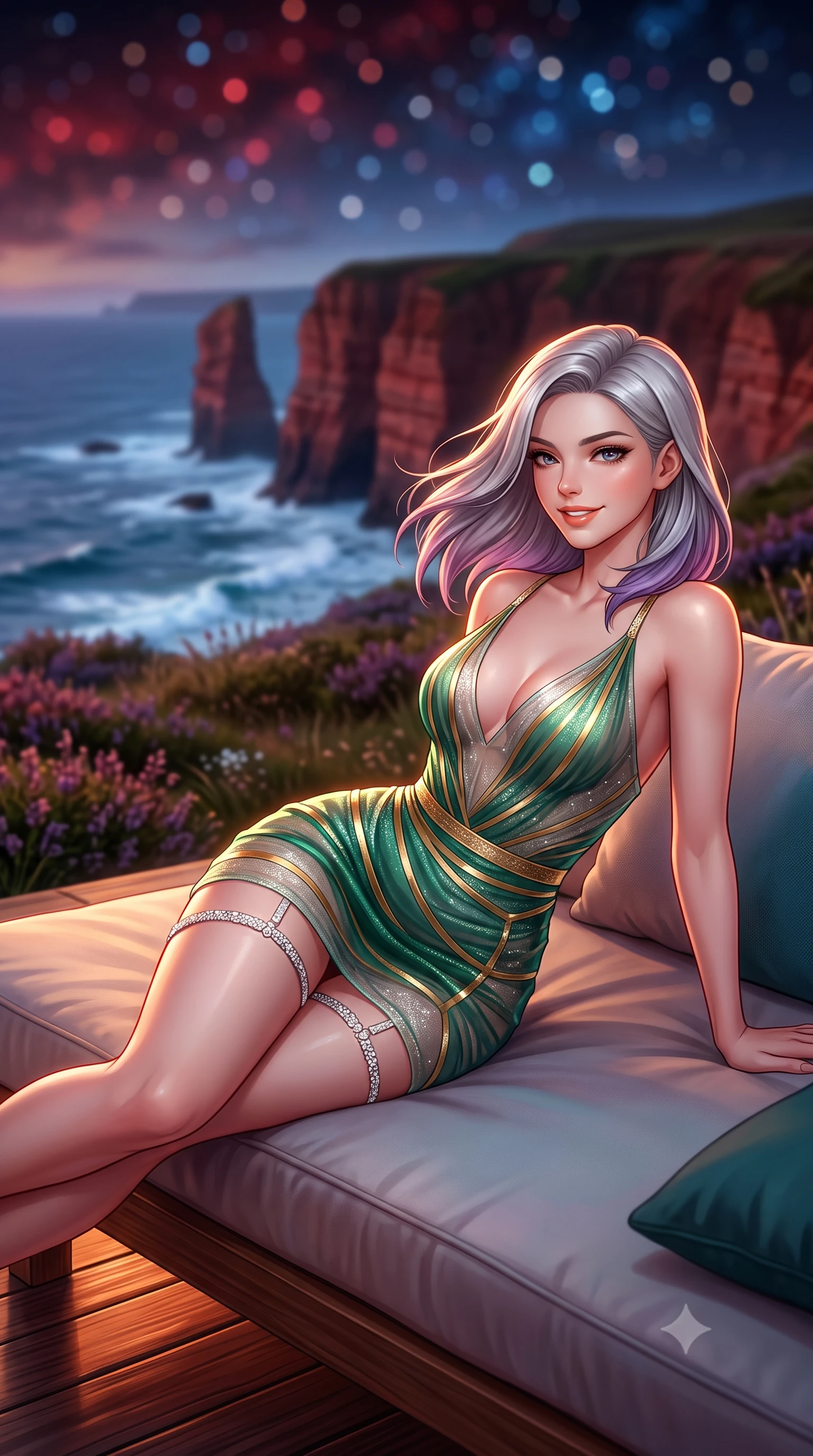 score_9, masterpiece, best quality, ultra-detailed, high-budget anime keyframe, semi-realistic 3D game render, editorial fashion photography, tasteful artistic composition, Caucasian woman. close-up cowboy shot from the waist and thighs up, the character dominates the composition, filling the frame with her large presence. turning slowly with an enchanting smoldering smile, her glossy hair tossing in the breeze as her hips angle gracefully in a captivating contrapposto while lounging in the outdoor daybed propped on one elbow with legs extended, displaying her long slender limbs and statuesque hourglass silhouette against the sea. The background shows a soft-focus towering sea cliffs of red sandstone plunging into foaming Atlantic waters, wild coastal heather moorland, and starry sky blurred into crimson, sapphire, and diamond bokeh. She has an exceptionally elegant, slender, and willowy female figure with an ultra-slim waist, flat toned midriff, narrow ribcage, and sculpted feminine hips creating an alluring, slim hourglass silhouette without bulk. sharp v-shaped jawline, high-bridge nose, intricate jewel-like sparkling eyes with depth, thick eyelashes, glossy parted lips with a natural peach sheen, bright cheerful beaming smile with an enchanting and coquettish sensual glint, exuding both youthful cute charm and seductive allure, flawlessly proportioned anatomical accuracy, strict slender model proportions, natural body alignment, perfectly sculpted long slender limbs, ultra-slim waistline, clean dynamic posture without body distortion. wearing a plunge-front sheer illusion tulle slip dress with liquid gold ribbon stripes hugging her curves in Art Nouveau malachite green and antique starlight silver, crafted from stretch micro-mesh with liquid foil coating that shimmers with every movement, finished with delicate crystal-encrusted thigh garter straps glinting in the dim light, the liquid-tight tailored fabric clinging flawlessly to her narrow waist and rounded feminine hips, emphasizing every millimeter of her sculpted slim hourglass curves without any bulky heaviness. illuminated by deck wood reflection bounce and sharp copper-gold rim lights sculpting her jawline, narrow waist, and curvy hips. highly saturated vibrant anime colors, detailed shading with soft gradients, rich glossy textures, high-contrast stereoscopic depth, volumetric dynamic lighting, master piece, 9:16 ratio