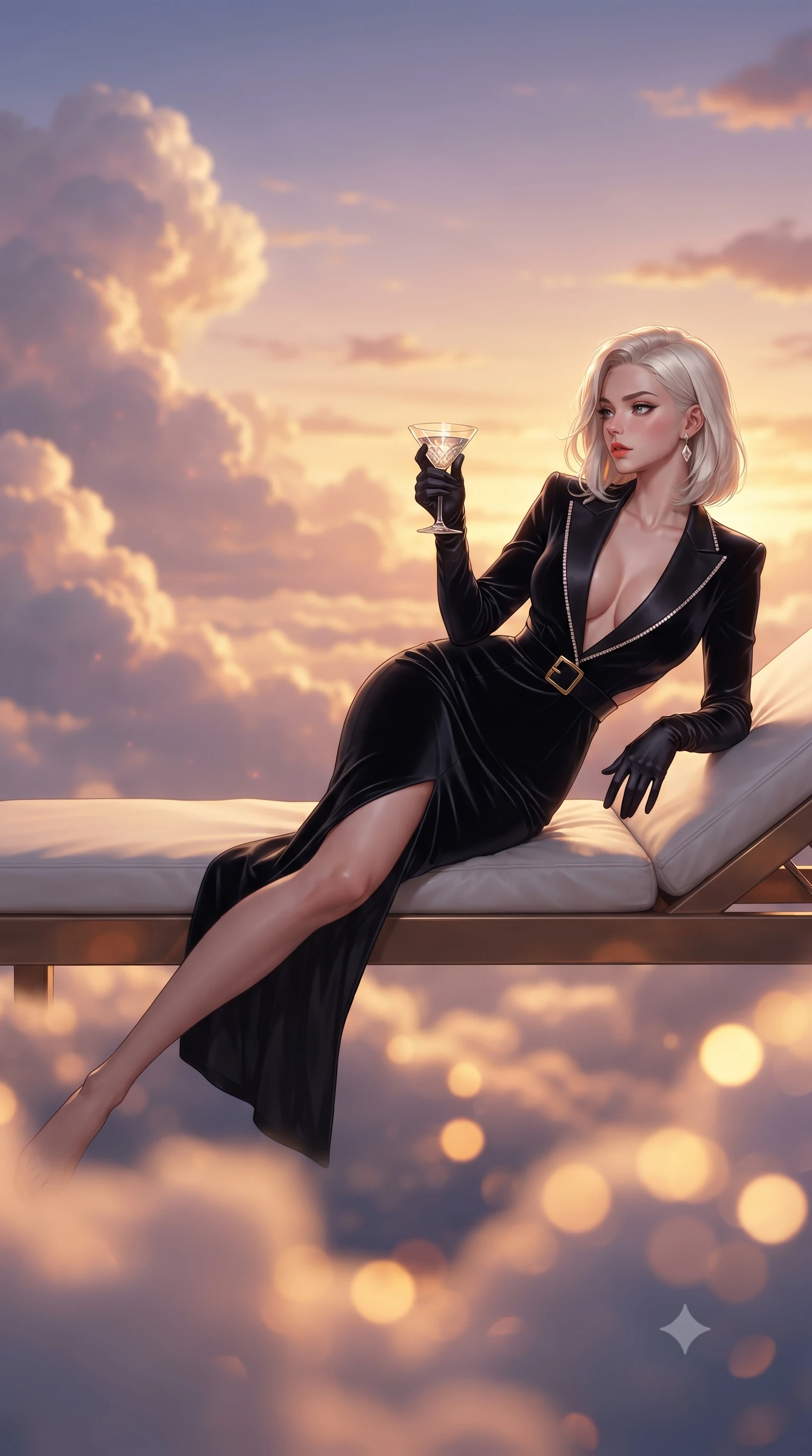 score_9, masterpiece, best quality, ultra-detailed, high-budget anime keyframe, editorial fashion photography, tasteful artistic composition, Caucasian woman. low angle full-body shot from head to toe showing her feet, filling the entire 9:16 vertical frame with her statuesque presence, stretching her vertical silhouette. posing with back turned slightly to the lens, glancing back with smoldering allure as she arches her lower back to emphasize her sculpted feminine hips and slender waist while reclining across the private sky-lounge sunbed, one slender leg extended to accentuate her willowy yet curvy silhouette above the cloud horizon. The composition keeps background elements in soft focus with creamy bokeh. billowing sunset cumulus cloud formations and glowing twilight horizons blurred into molten gold, apricot, and lavender bokeh. She has an exceptionally tall and slender model-like 8.5-heads proportion, an ultra-slim waist, a flat toned midriff, narrow delicate ribcage, and beautifully sculpted feminine hips creating a graceful, slim hourglass silhouette without any bulky heaviness, with impossibly long slender legs. sharp v-shaped jawline, high-bridge nose, intricate jewel-like eyes with depth, thick eyelashes, glossy parted lips with a natural sheen, intensely captivating and seductive bedroom-eyes expression, flawlessly proportioned anatomical accuracy, strict slender model proportions, natural body alignment, perfectly sculpted long slender limbs, ultra-slim waistline, clean dynamic posture without body distortion. wearing a tailored velvet tuxedo jacket dress with satin lapels, worn with a deep plunge neckline and gold hip buckle in pitch-black velvet with diamond crystal trim, tailored from second-skin aerodynamic stretch vinyl with specular wet sheen, accessorized with opera-length satin gloves and a vintage crystal glass, the precision-cut side openings and low-back scoop framing her graceful spine and the sensual sweep of her slim, toned hips. illuminated by warm amber floor mood lights sharply defining her sculpted collarbones, flat midriff, and rounded hips. ultra-reflective glossy finish, specular highlights, rich textural contrasts, high-contrast stereoscopic depth, volumetric dynamic lighting, 2k, ultra detail, master piece, 9:16 ratio