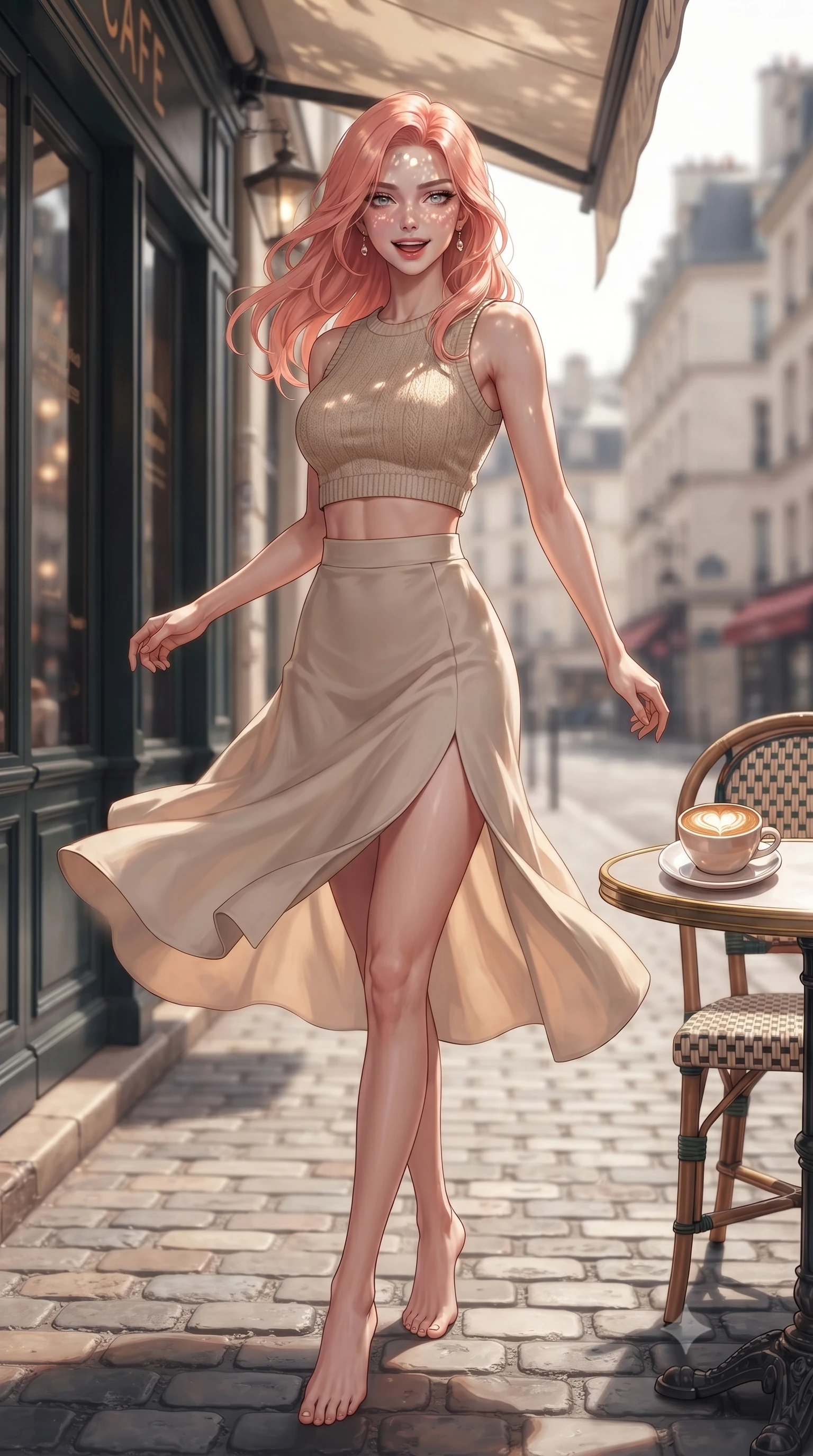 score_9, masterpiece, best quality, ultra-detailed, high-budget anime keyframe, editorial fashion photography, tasteful artistic composition, Japanese woman. low angle full-body shot from head to toe showing her feet, filling the entire 9:16 vertical frame with her statuesque presence, stretching her vertical silhouette. twirling around with a playful, sensual laugh, her dress fluttering elegantly to accent her waistline set against a soft-focus background of at a vintage Parisian-style cafe corner next to a quiet cobblestone street with a warm cup of cafe latte with heart-shaped foam art on the table. She has an absolutely perfect, statuesque 8.5-heads proportion, an exceptionally tall and slender model-like female figure with impossibly long slender legs and an ultra-slim waist. sharp v-shaped jawline, high-bridge nose, intricate jewel-like eyes with depth, thick eyelashes, glossy lips with a natural sheen. wearing tailored crop top in oatmeal knit paired with a flowy midi skirt featuring a high side slit. dappled sunlight filtering through the outdoor awning onto her face. ultra-reflective glossy finish, specular highlights, metallic sheen, high-contrast stereoscopic depth, volumetric dynamic lighting, 2k, ultra detail, master piece, 9:16 ratio