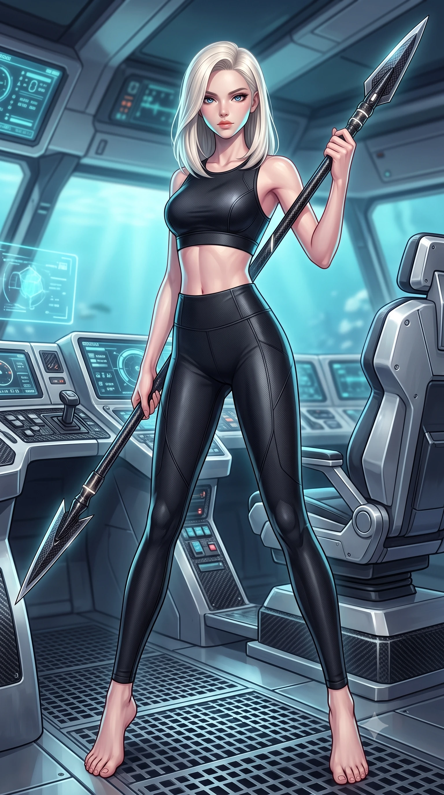 score_9, masterpiece, best quality, ultra-detailed, high-budget anime keyframe, editorial fashion photography, tasteful artistic composition, Caucasian woman. low angle full-body shot from head to toe showing her feet, filling the entire 9:16 vertical frame with her statuesque presence, stretching her vertical silhouette. standing in a dynamic combat stance with a carbon-fiber spear held diagonally, stretching her statuesque body, the background shows a soft-focus a sub-marine pilot seat with carbon-fiber controls and silver dashboards. She has an absolutely perfect, statuesque 8.5-heads proportion, an exceptionally tall and slender model-like female figure with impossibly long slender legs and an ultra-slim waist. sharp v-shaped jawline, high-bridge nose, intricate jewel-like eyes with depth, thick eyelashes, glossy lips with a natural sheen. wearing a form-contouring form-fitting athletic crop top and matching high-waisted compression leggings in sleek carbon-black tech fabric. soft aqua telemetry starlight radiating from monitors onto her sharp jawline. highly saturated vibrant anime colors, detailed shading with soft gradients, rich glossy textures, high-contrast stereoscopic depth, volumetric dynamic lighting, master piece, 9:16 ratio