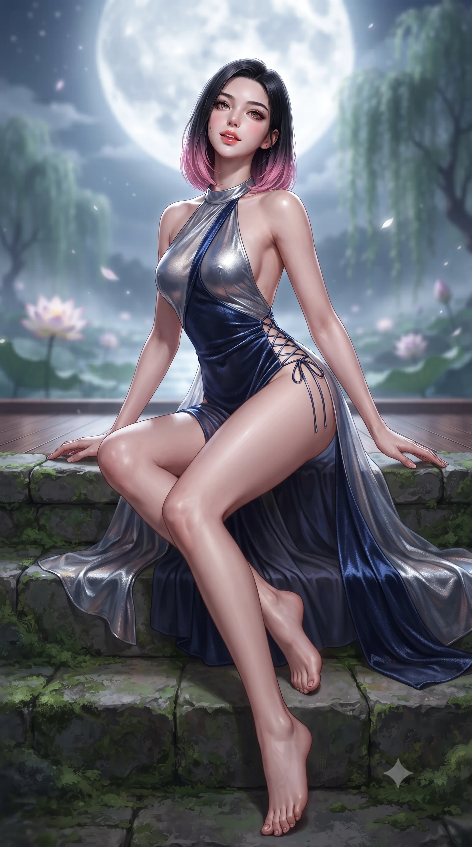 score_9, masterpiece, best quality, ultra-detailed, high-budget anime keyframe, editorial fashion photography, tasteful artistic composition, Korean woman. low angle full-body shot from head to toe showing her feet, filling the entire 9:16 vertical frame with her statuesque presence, stretching her vertical silhouette. sitting poised on the stone steps with one knee bent, arching her spine with supermodel elegance as she glances upward through thick eyelashes while sitting perched on the lacquered veranda steps with legs crossed, arching her lower back with breathtaking siren grace as lotus blossoms drift below. The background shows a soft-focus the giant glowing harvest full moon, floating lotus blossoms, and misty willow trees blurred into silver, jade, and amethyst bokeh. She has an absolutely perfect, statuesque 8.5-heads proportion, an exceptionally tall and slender model-like female figure with impossibly long slender legs, an ultra-slim waist, a flat toned midriff, narrow delicate ribcage, and beautifully sculpted feminine hips creating a graceful, slim hourglass silhouette without any bulky heaviness. sharp v-shaped jawline, high-bridge nose, sparkling eyes with hypnotic seductive depth, thick curled eyelashes, glossy parted lips with a natural dewy peach sheen, alluring bedroom-eyes with an enchanting coquettish smile, exuding magnetic siren charisma and sophisticated glamour, flawlessly proportioned anatomical accuracy, strict slender model proportions, natural body alignment, perfectly sculpted long slender limbs, ultra-slim waistline, clean dynamic posture without body distortion. wearing a liquid-tight backless silk halter leotard styled with a sheer wrap overskirt revealing her long slender legs and hip curve in metallic liquid silver and deep sapphire navy, tailored from ultra-plush velvet with rich tactile depth and deep shadow gradients, featuring fine criss-cross lace-up side ties revealing tantalizing glimpses of her hip curve, the form-contouring silhouette accentuating her sculpted flat midriff, narrow delicate ribcage, and gracefully curvy hips with intoxicating allure. bathed in pure silver moonlight cascading directly from the harvest full moon above. ultra-reflective glossy finish, specular highlights, rich textural contrasts, high-contrast stereoscopic depth, volumetric dynamic lighting, 2k, ultra detail, master piece, 9:16 ratio