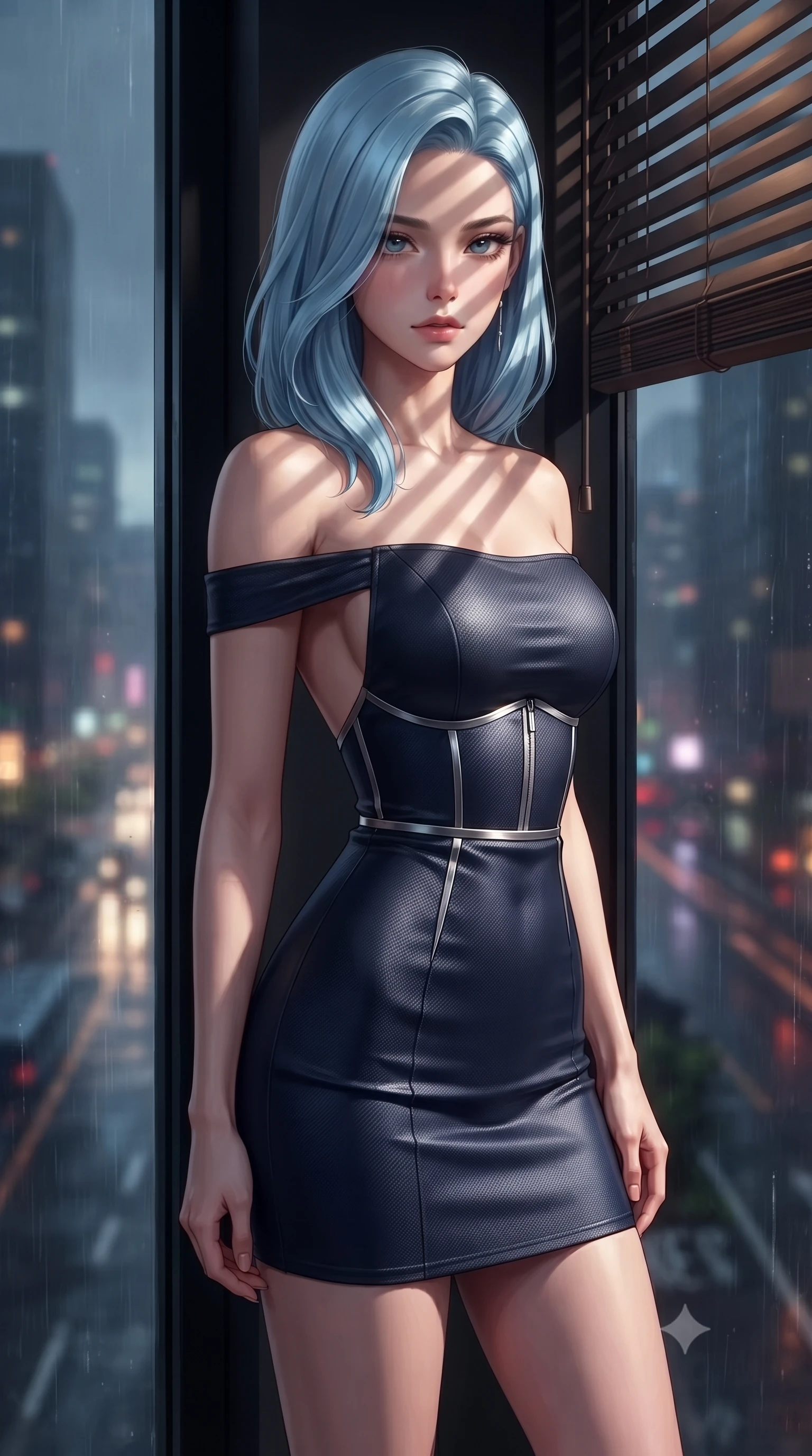 score_9, masterpiece, best quality, ultra-detailed, high-budget anime keyframe, editorial fashion photography, tasteful artistic composition, Korean woman. close-up cowboy shot from the waist and thighs up, the character dominates the composition, filling the frame with her large presence, background elements kept in soft focus. Casting a slow, direct gaze beneath heavy lashes with quiet intensity, standing beside a floor-to-ceiling dark glass window looking over a rain-soaked metropolis at 3 AM, dramatic chiaroscuro shadow patterns from wooden window blinds across her face. She has an exceptionally elegant, slender, and willowy female figure with an ultra-slim waist, a gracefully sculpted slender torso, and a refined silhouette. sharp v-shaped jawline, high-bridge nose, intricate jewel-like eyes with depth, thick eyelashes, glossy lips with a natural sheen. wearing backless liquid vinyl mini slip dress with bare shoulder neckline in midnight navy blue, made of matte carbon-fiber weave, finished with metallic silver boning and sleek zipper points, the fitted fabric emphasizing her ultra-slim waist. bathed in warm amber spotlight against deep pitch-black velvet shadows. highly saturated vibrant anime colors, detailed shading with soft gradients, rich glossy textures, high-contrast stereoscopic depth, volumetric dynamic lighting, master piece, 9:16 ratio