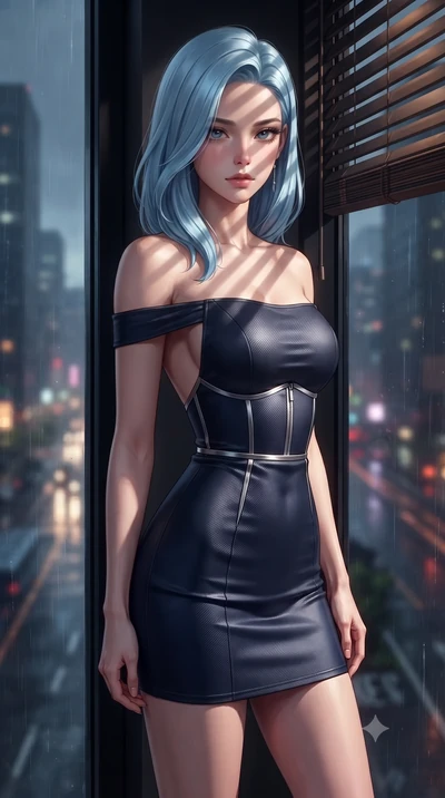 score_9, masterpiece, best quality, ultra-detailed, high-budget anime keyframe, editorial fashion photography, tasteful artistic composition, Korean woman. close-up cowboy shot from the waist and thighs up, the character dominates the composition, fi
