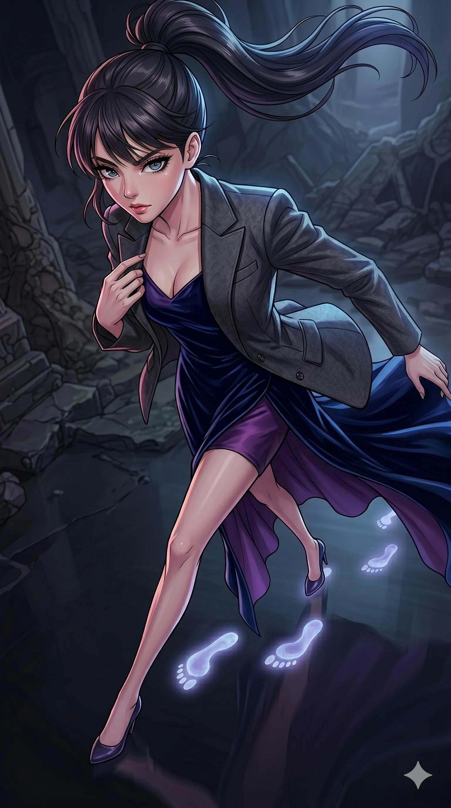 score_9, masterpiece, best quality, ultra-detailed, high-budget anime movie keyframe, cinematic anime lighting, intricate line art, Korean woman. Extreme high angle shot as she leaps towards the camera, filling the frame. looking back at her own footprints which are glowing in the dark. She has an absolutely perfect 8-heads proportion, an exceptionally tall and slender female figure with an ultra-slim waist and impossibly long slender legs. strictly human anatomy, two legs only, no extra limbs, clearly defined legs and arms, perfect anatomy, perfect hands and fingers. sharp v-shaped jawline, high-bridge nose, intricate jewel-like eyes, thick eyelashes, glossy lips. Wearing High-Fashion Editorial: Silk slip dress with high side slit, backless velvet gown, and structured blazer with nothing underneath. The scene is illuminated by dramatic atmospheric lighting and vibrant color palettes. , 2k, ultra detail, master piece, 9:16 ratio
