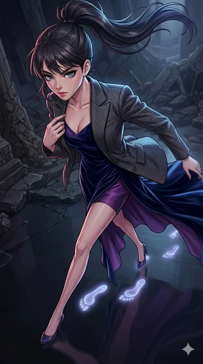 score_9, masterpiece, best quality, ultra-detailed, high-budget anime movie keyframe, cinematic anime lighting, intricate line art, Korean woman. Extreme high angle shot as she leaps towards the camera, filling the frame. looking back at her own foot