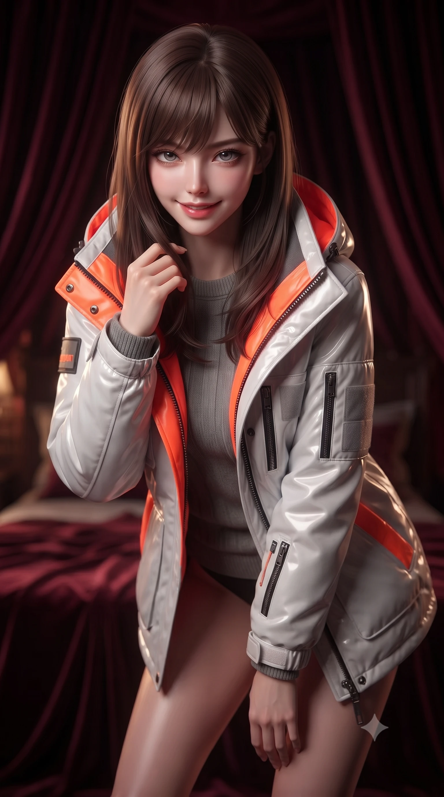 score_9, masterpiece, best quality, ultra-detailed, high-budget anime keyframe, editorial fashion photography, tasteful artistic composition, Korean woman woman. close-up cowboy shot from the waist and thighs up, the character dominates the composition, filling the frame with her large presence, background elements kept in soft focus. leaning slightly forward with a playful, teasing smile, her gaze locked onto the viewer the background shows a soft-focus a dimly lit private boudoir draped in dark crimson velvet and silk canopy sheets. She has an exceptionally elegant, slender, and willowy female figure with an ultra-slim waist, a gracefully sculpted slender torso, and a refined silhouette. sharp v-shaped jawline, high-bridge nose, intricate jewel-like eyes with depth, thick eyelashes, glossy lips with a natural sheen. wearing a slim-fit heavy polar-station parka in white and neon orange tech-fabric, over a grey utility sweater. soft glowing ambient light tracing her statuesque posture. ultra-reflective glossy finish, specular highlights, metallic sheen, high-contrast stereoscopic depth, volumetric dynamic lighting, 2k, ultra detail, master piece, 9:16 ratio