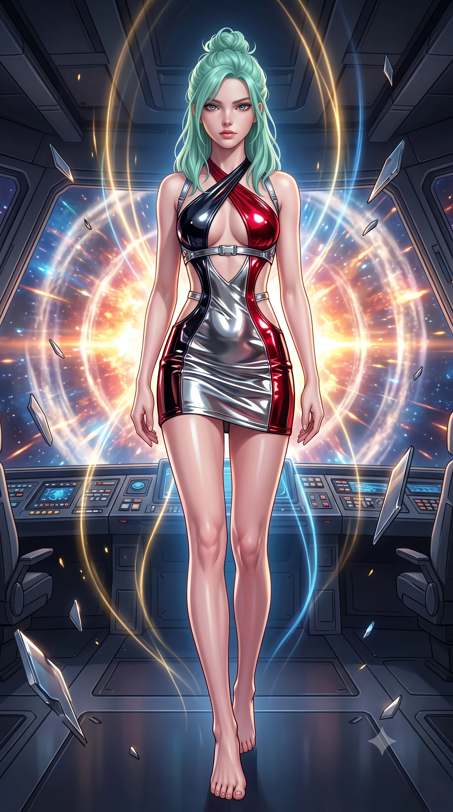 score_9, masterpiece, best quality, ultra-detailed, high-budget anime keyframe, semi-realistic 3D game render, editorial fashion photography, tasteful artistic composition, Japanese woman. low angle full-body shot from head to toe showing her feet, filling the entire 9:16 vertical frame with her statuesque presence, stretching her vertical silhouette. striding forward in a proud, statuesque motion with a dangerous smolder, her vertical silhouette dominating the frame from head to toe while floating weightlessly in the center of an abandoned starship bridge as a dazzling supernova explodes outside. The surrounding environment is rendered in vivid detail and crisp panoramic clarity. intricate starship control console buttons, floating alloy shard edges, and supernova shockwave rings in deep focus. She has an absolutely perfect, statuesque 8.5-heads proportion, an exceptionally tall and slender model-like female figure with impossibly long slender legs and an ultra-slim waist. sharp v-shaped jawline, high-bridge nose, intricate jewel-like eyes with depth, thick eyelashes, glossy lips with a natural sheen, flawlessly proportioned anatomical accuracy, natural body alignment, perfectly sculpted elegant limbs, clean dynamic posture without body distortion. wearing a molten silver liquid-metal mini dress featuring deep side-waist cutouts and a daring crossover halter neckline in glossy obsidian black and radiant crimson red, formed from high-gloss patent material with specular light reflections, reinforced by a sleek metallic chrome harness and delicate glowing micro-straps, the daring cutouts accentuating her delicate midriff, graceful collarbones, and feminine contour. surrounded by a sublime, infinite, and breathtakingly divine cosmic goddess aura. highly saturated vibrant anime colors, detailed shading with soft gradients, rich glossy textures, high-contrast stereoscopic depth, volumetric dynamic lighting, master piece, 9:16 ratio