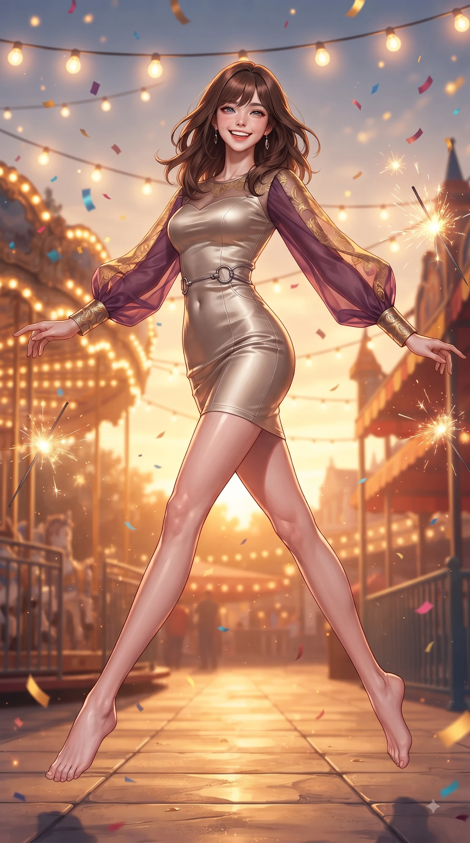 score_9, masterpiece, best quality, ultra-detailed, high-budget anime keyframe, editorial fashion photography, tasteful artistic composition, Korean woman. low angle full-body shot from head to toe showing her feet, filling the entire 9:16 vertical frame with her statuesque presence, stretching her vertical silhouette. leaping with pure joy through mid-air with a radiant bright smile, her impossibly long slender legs stretched in perfect balance while stepping happily down a lit amusement park avenue surrounded by glowing light bulbs, floating sparklers and carnival confetti adding festive, happy energy to the air. She has an absolutely perfect, statuesque 8.5-heads proportion, an exceptionally tall and slender model-like female figure with impossibly long slender legs and an ultra-slim waist. sharp v-shaped jawline, high-bridge nose, intricate jewel-like eyes with depth, thick eyelashes, glossy lips with a natural sheen, flawlessly proportioned anatomical accuracy, natural body alignment, perfectly sculpted elegant limbs, clean dynamic posture without body distortion. wearing a sleek bodycon knit dress with strategic sheer organza sleeve panels in plum purple and gold filigree, crafted from lustrous satin jersey with fluid draping, accented with delicate chrome ring hardware framing her waist, the form-contouring material highlighting her ultra-slim waist and long lines. bathed in glorious golden hour sunbeams and warm amber carousel lamp radiance. ultra-reflective glossy finish, specular highlights, metallic sheen, high-contrast stereoscopic depth, volumetric dynamic lighting, 2k, ultra detail, master piece, 9:16 ratio